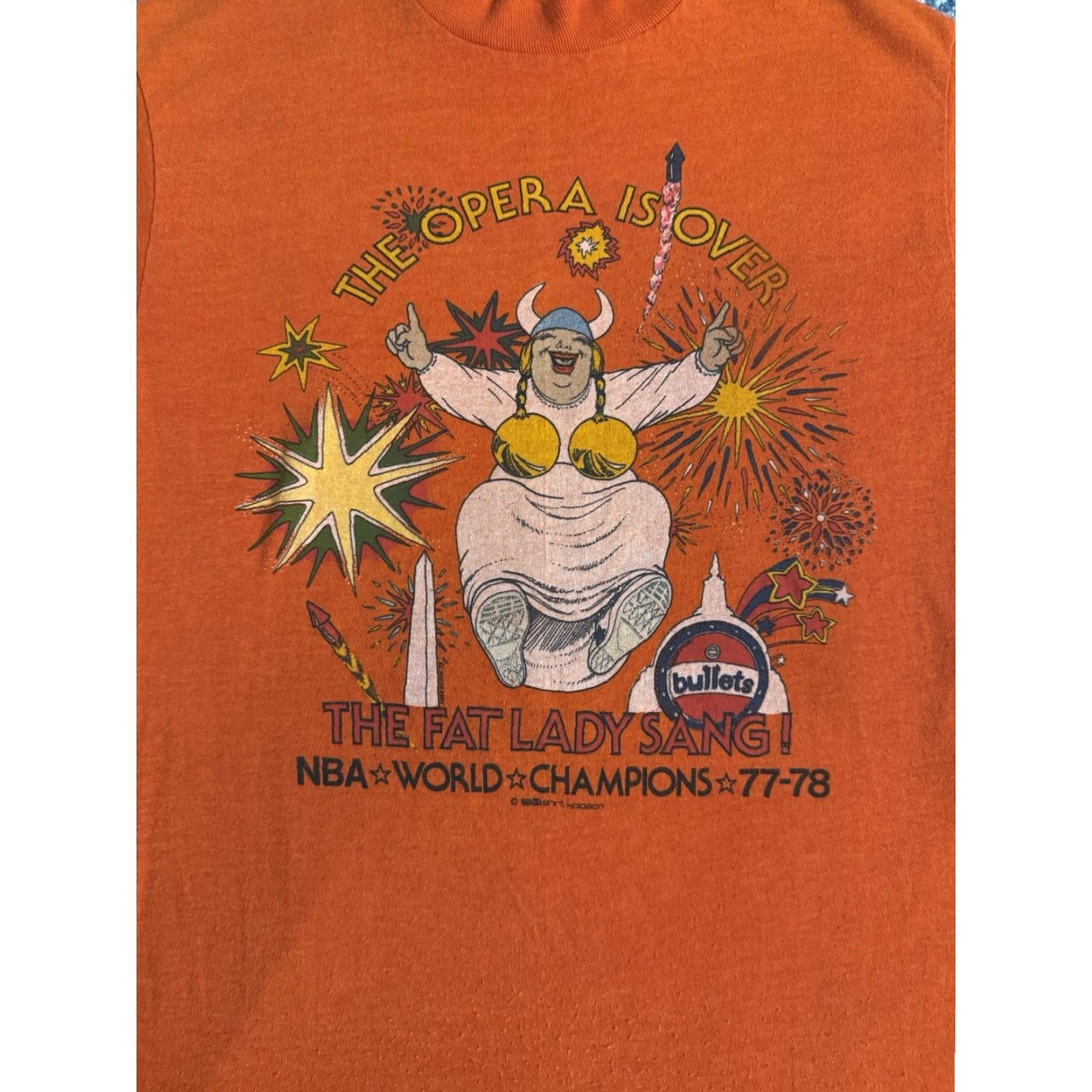 NBA VINTAGE Washington Bullets NBA World Champions The Fat Lady Sang T Shirt S Shirt Explosion T-Shirt Orange Mens 70s Sports 1970s Size US S / EU 44-46 / 1 - 2 Thumbnail