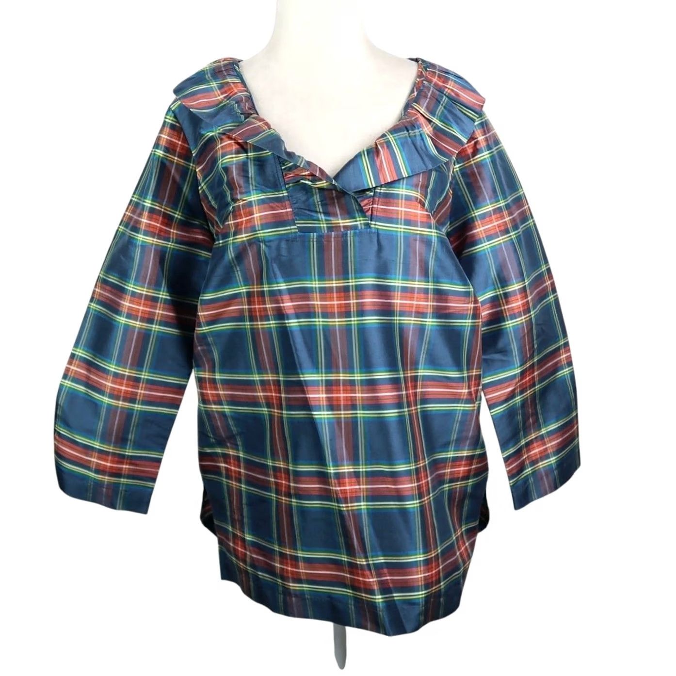 Vintage Devon Baer Stewart Plaid Silk Taffeta Ruffle Top M Navy Blue Women Size M / US 6-8 / IT 42-44 - 2 Thumbnail