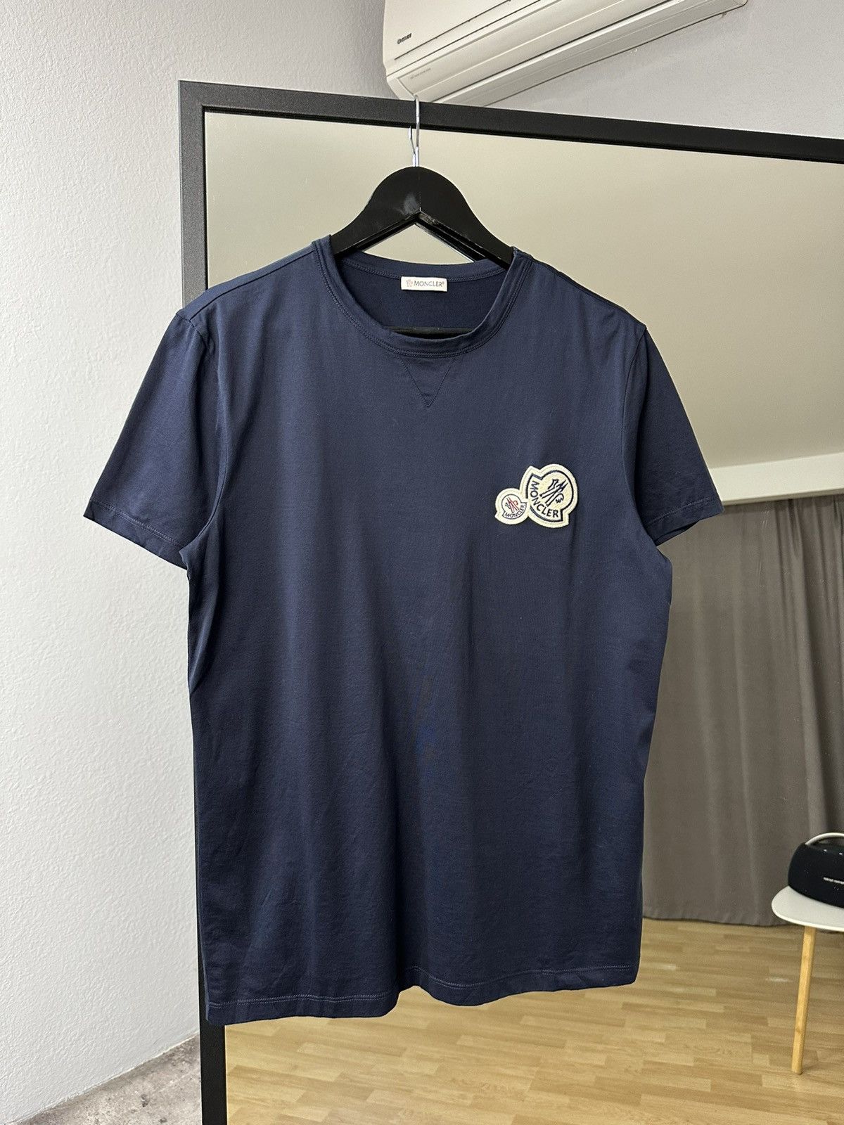 Moncler Maglia T-Shirt Crew Neck Big Patch Logo Navy Blue
