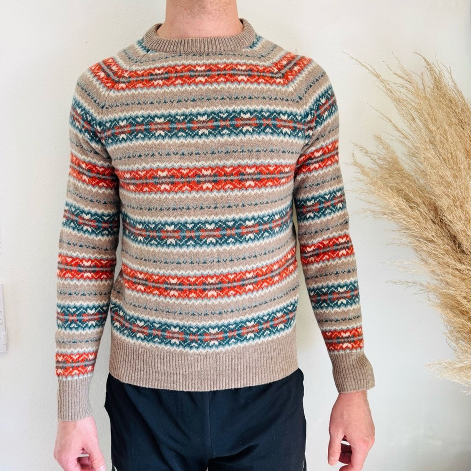 J CREW Beige Tan Blue Fair Isle Wool Strip Crew $228 Sweater