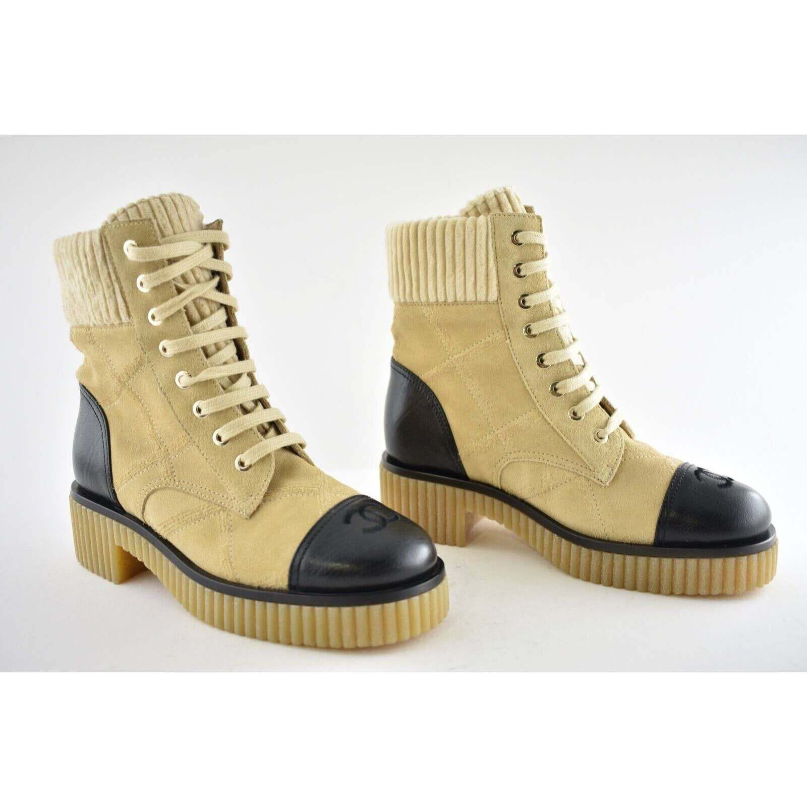 Chanel Chanel 20B Beige Black Quilted CC Platform Combat Lace Up Size US 5 / IT 35 - 2 Thumbnail
