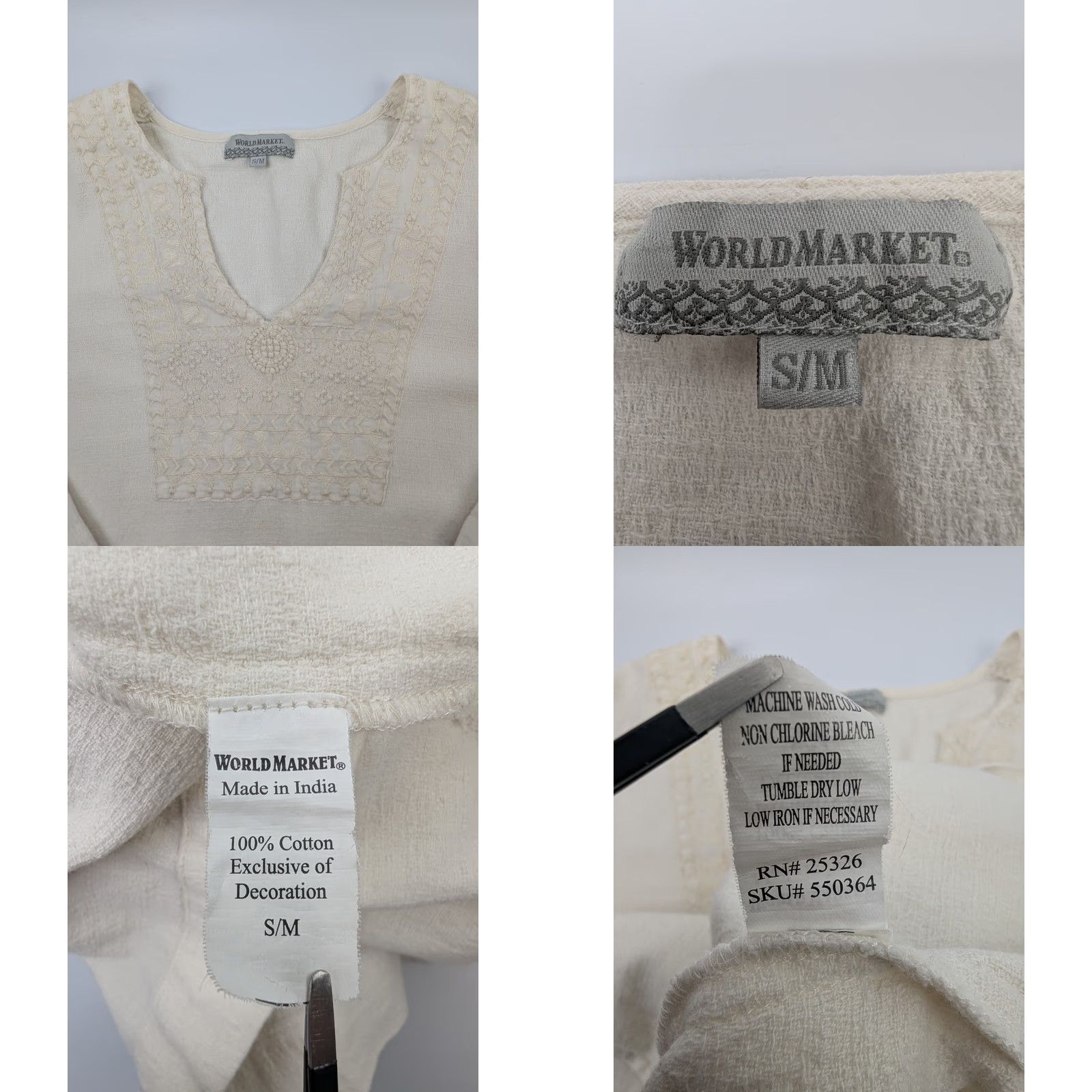 Vintage World Market Tunic V-Neck Embroidered Top Women's S/M Boho Cotton Coastal Ivory 3/4 Sleeve Shirt Womens Size S / US 4 / IT 40 - 8 Thumbnail