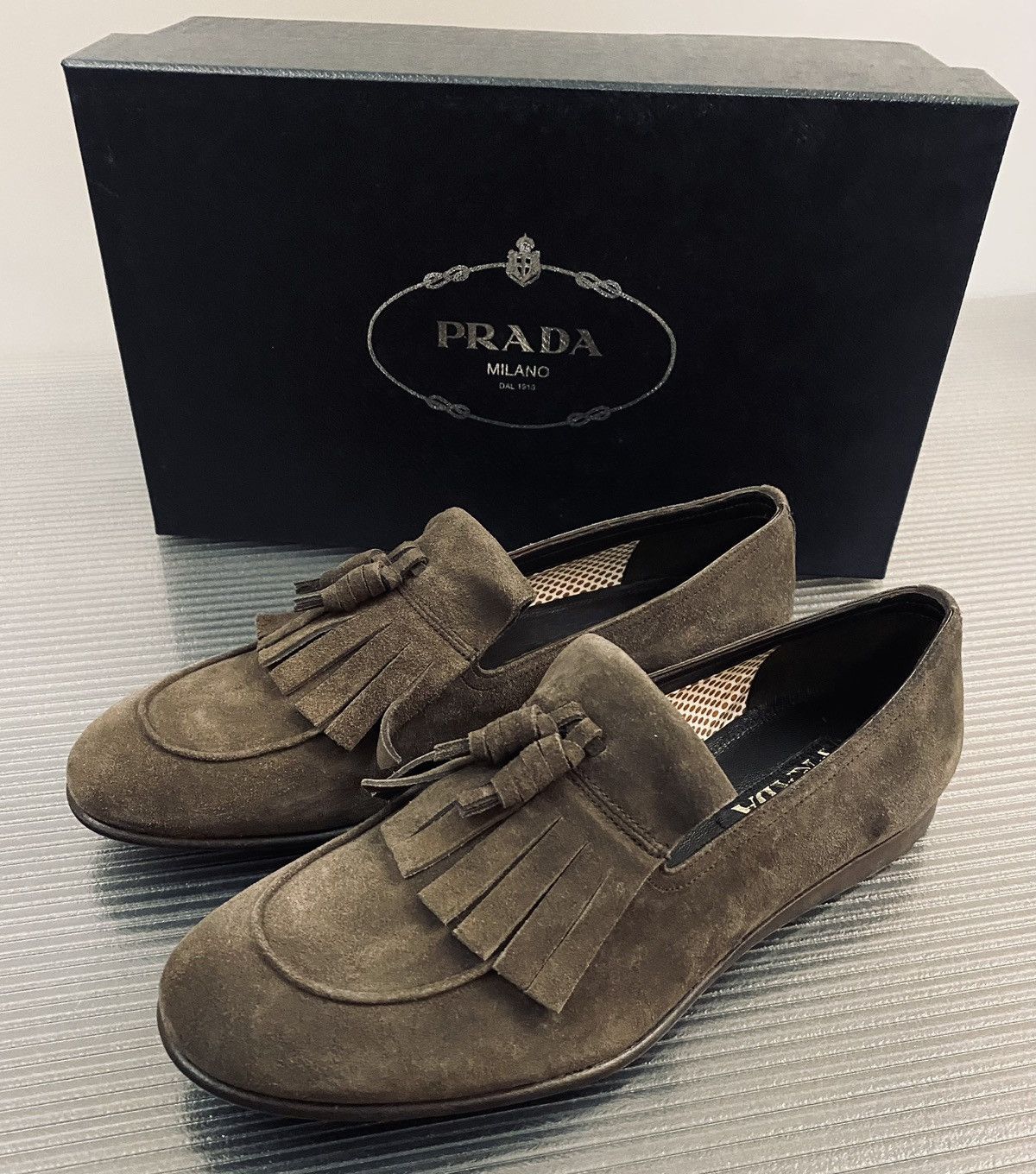 Prada Prada 🇮🇹 Grafite Suede Tasseled Kilt Slip On Loafer 8 NEW Size US 8 / EU 41 - 1 Thumbnail