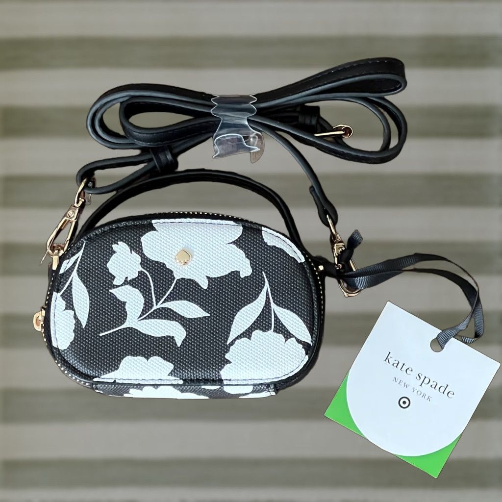 Vintage Kate Spade New York Mini Crossbody Camera Bag Black Leather Zip Closure Womens in White