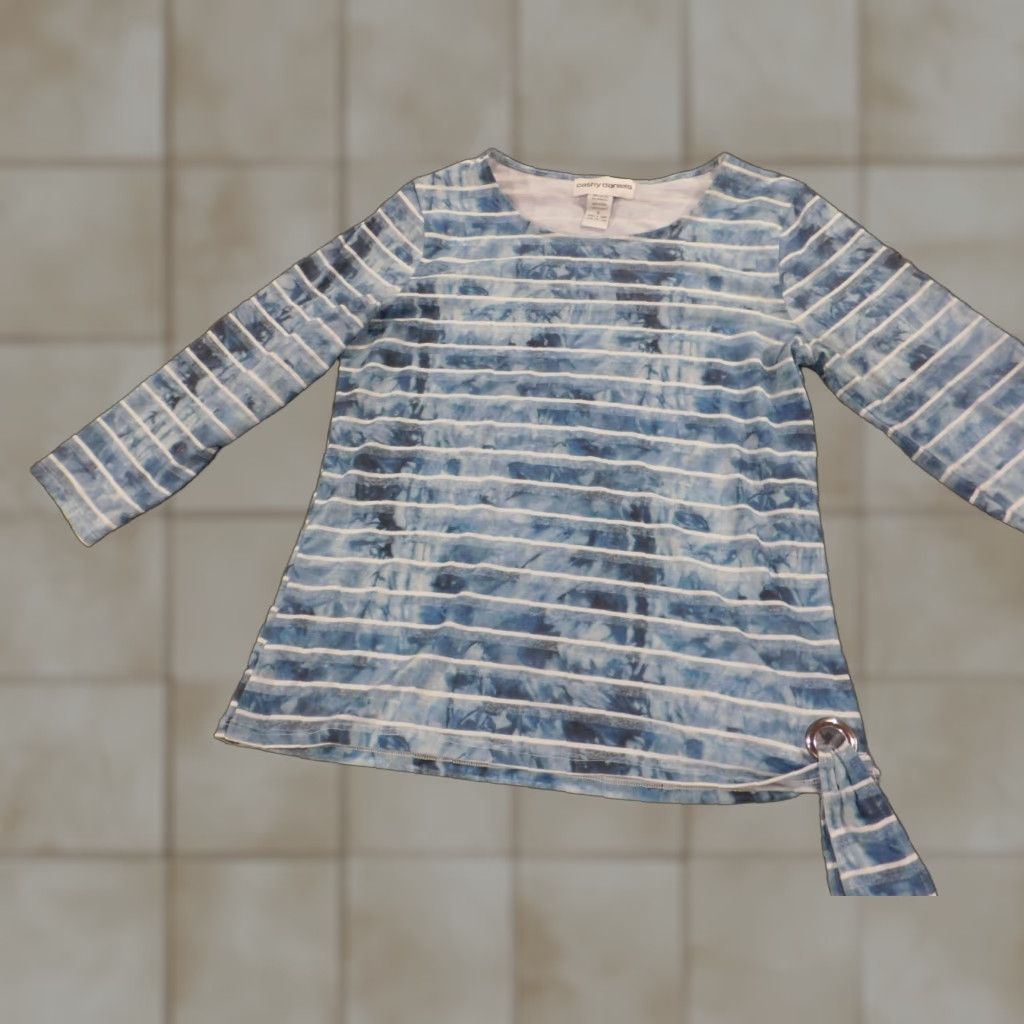 Vintage Cathy Daniels Womens Blouse S Blue Striped Pullover Casual Long Sleeve Button Collared Rayon Spandex Breathable Stretch Regular Top Shirt Size S / US 4 / IT 40 - 1 Thumbnail