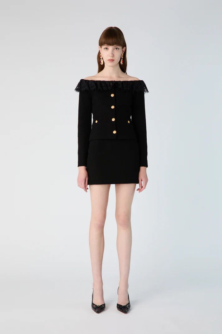 Alessandra Rich o1s22i1n0225 Off-shoulder Tweed Blazer in Black Size M / US 6-8 / IT 42-44 - 3 Thumbnail