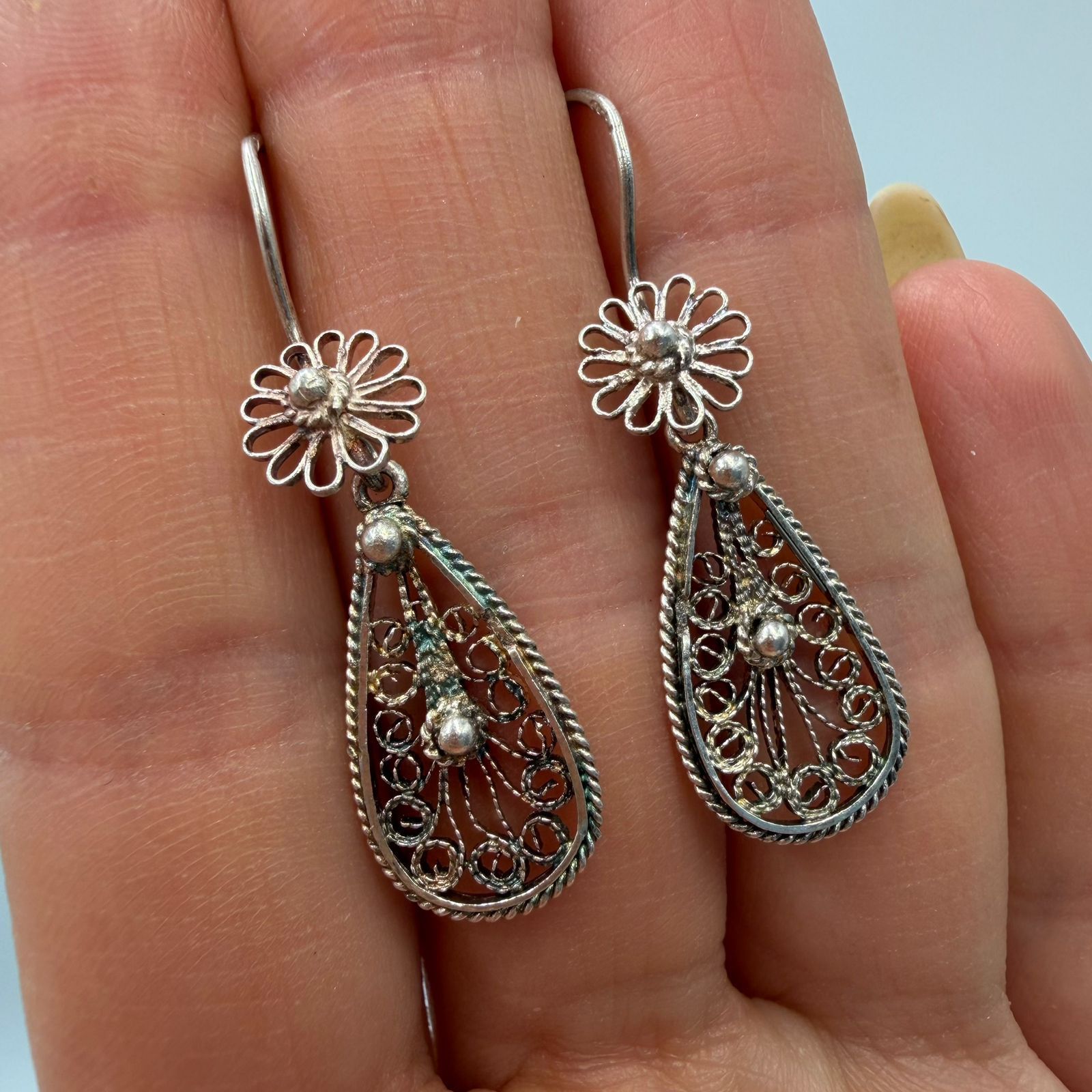Sterling Silver Vintage 925 Sterling Silver Filigree Teardrop Earrings Size ONE SIZE - 2 Thumbnail
