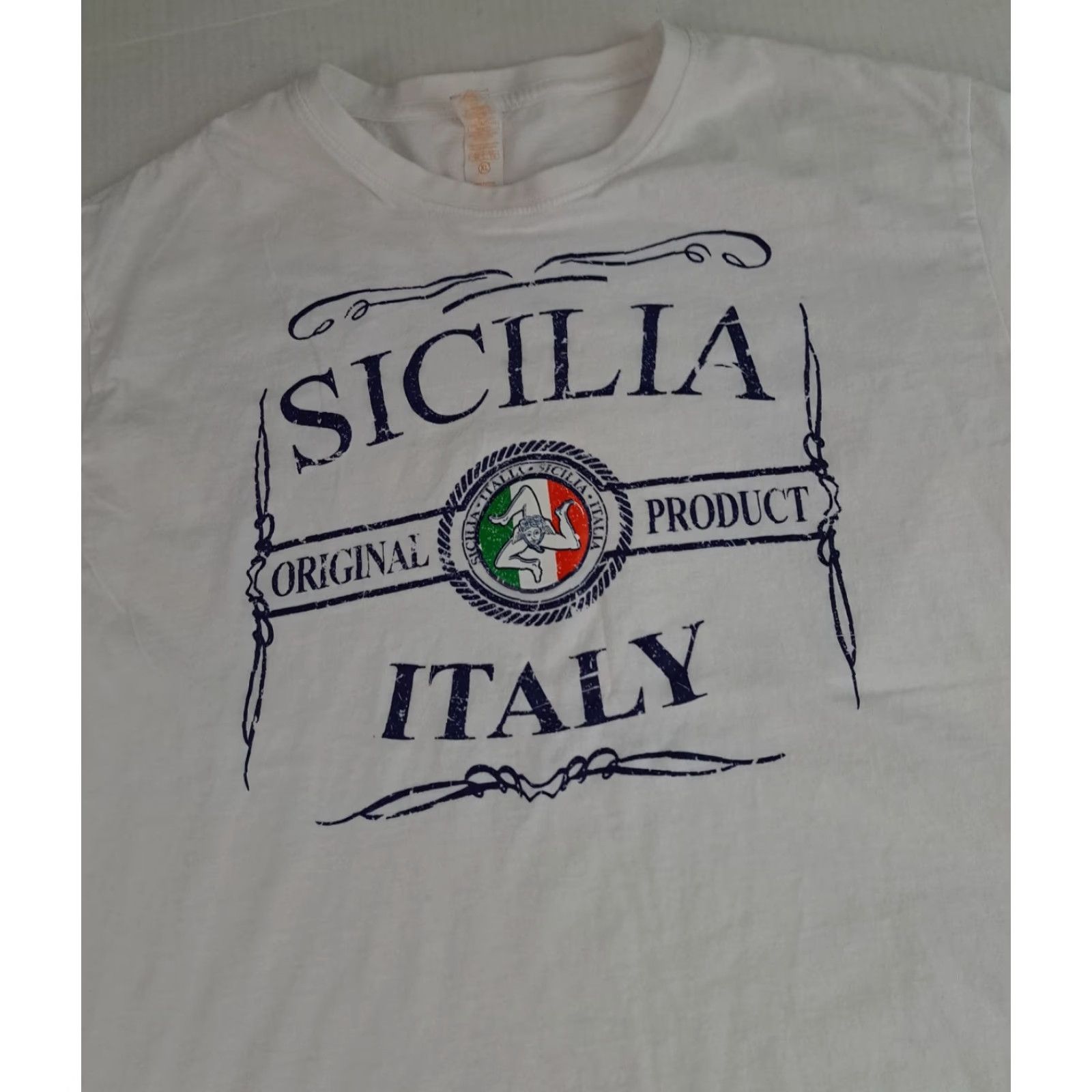 X-LARGE VINTAGE Sicilia Italy Flag T-Shirt White XL Women Regular Cotton Canvas Crew Neck Short Sleeve JHK Size XL / US 12-14 / IT 48-50 - 4 Thumbnail