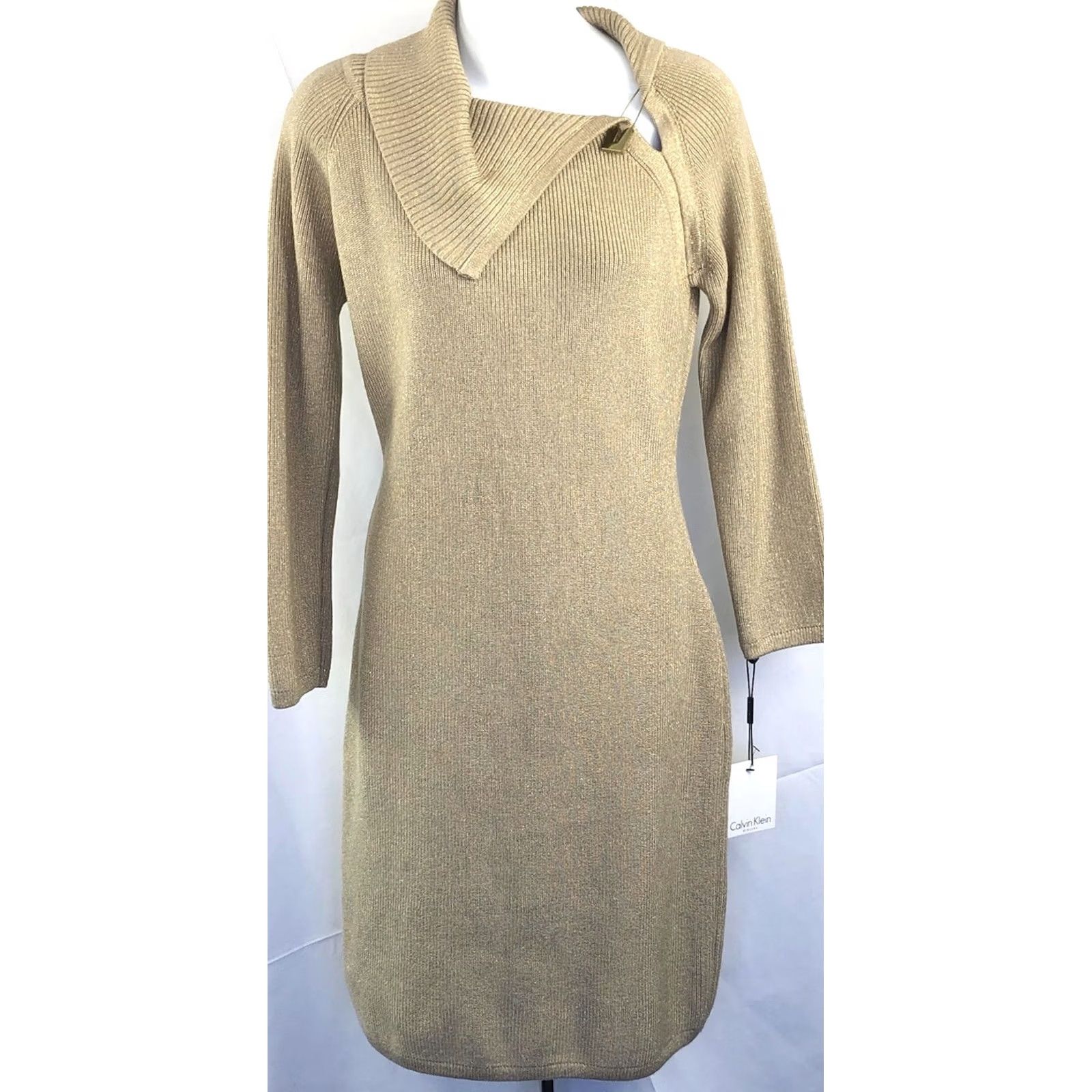Calvin Klein VINTAGE Calvin Klein Sweater Dress M Gold Glitter Cowl Neck Logo Pin Glam Coquette Size M / US 6-8 / IT 42-44 - 8 Thumbnail