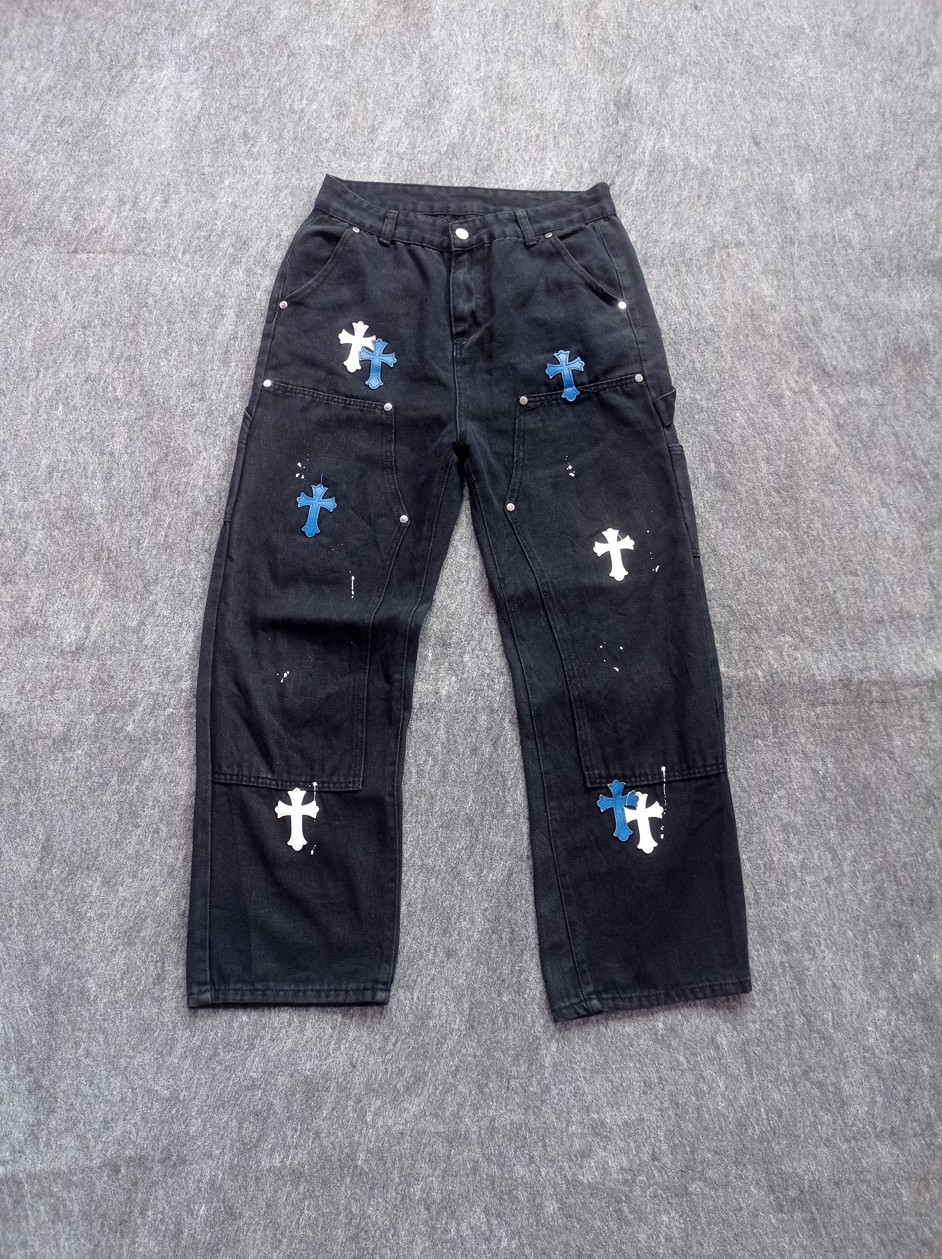 image of Designer Sawenyu Double Knee Cross Patch Jeans in Black, Men's (Size 30)