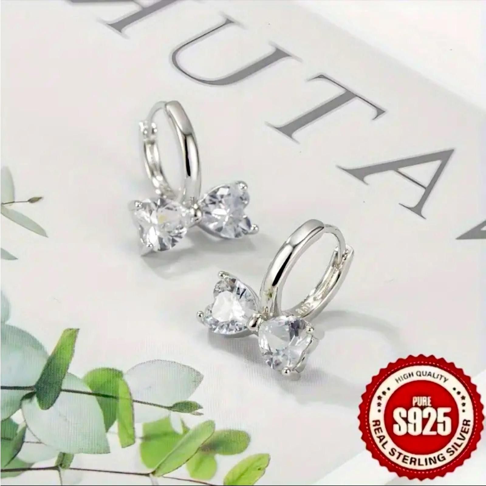Designer S925 Silver Bow Earrings with Simulated Diamonds Size ONE SIZE - 1 Thumbnail