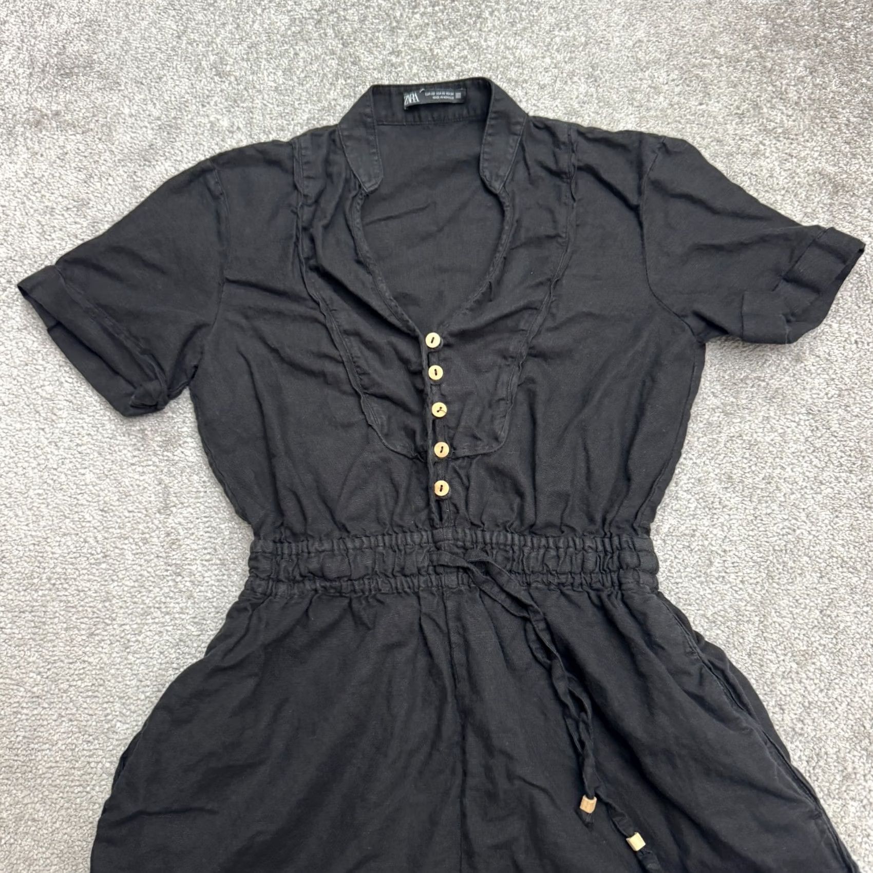 Zara Zara Linen Blend Button Up Romper Women XS Black Elastic Waist Short Sleeve Boho Size 26" / US 2 / IT 38 - 3 Thumbnail