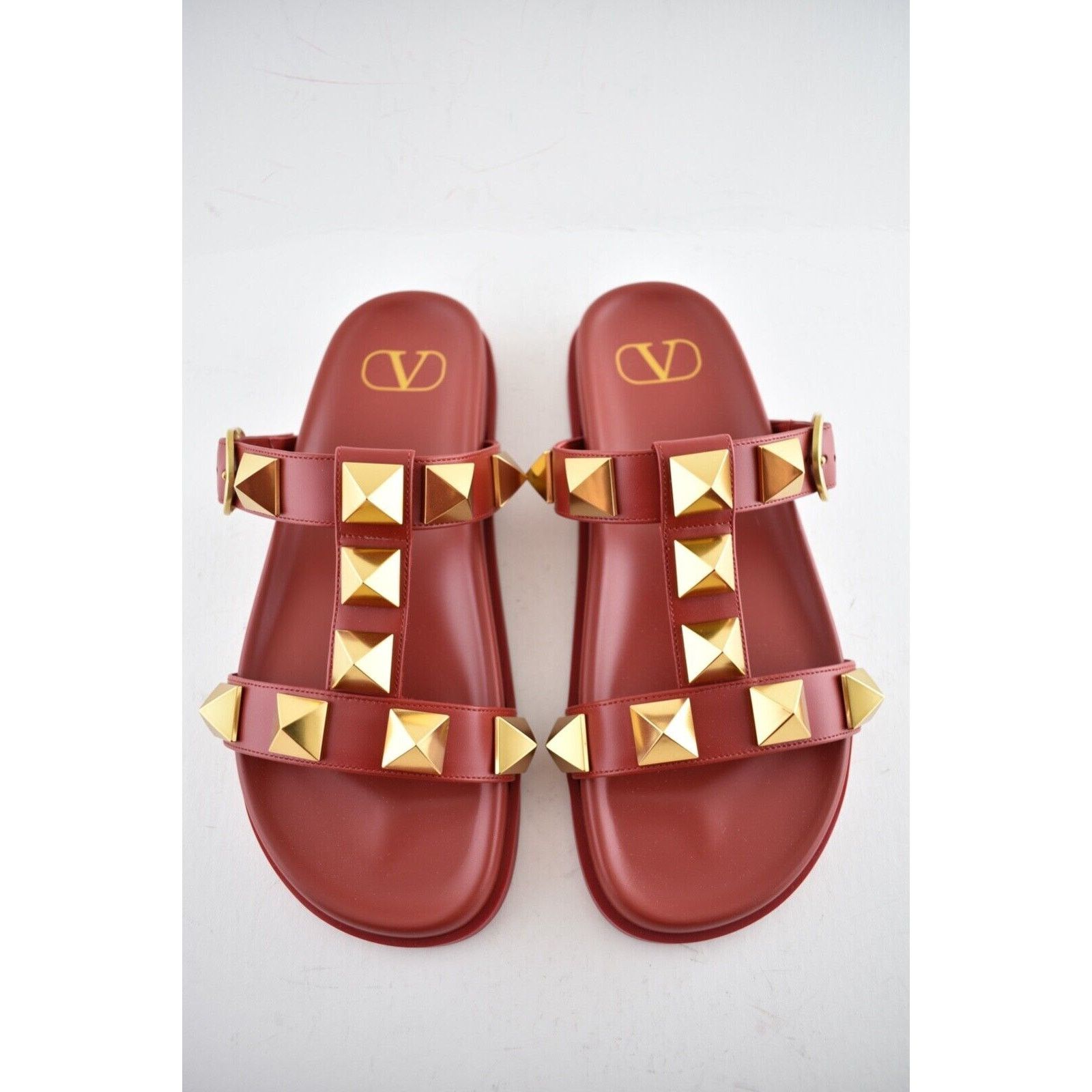 Valentino Valentino Rockstud Roman Stud Rosso Red Gold Leather Slide Size US 6 / IT 36 - 7 Thumbnail