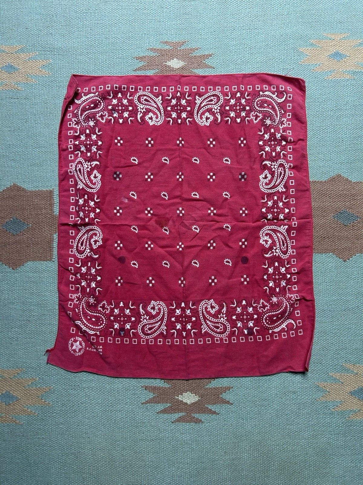 Vintage Vtg cotton bandana handkerchief paisley geometric distre USA Size ONE SIZE - 8 Thumbnail