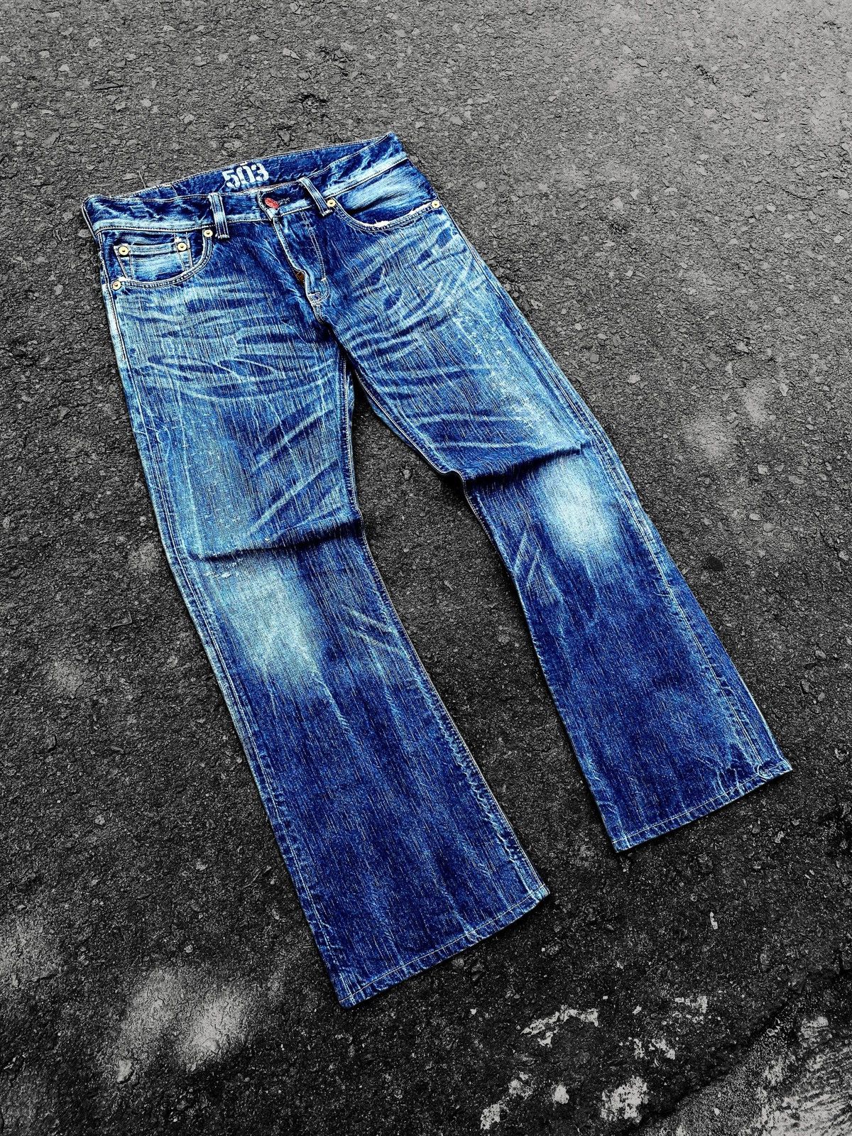 Edwin Vtg Flare Edwin 503 Blue Trip Crazy Faded Denim🇯🇵 Size US 34 / EU 50 - 2 Thumbnail