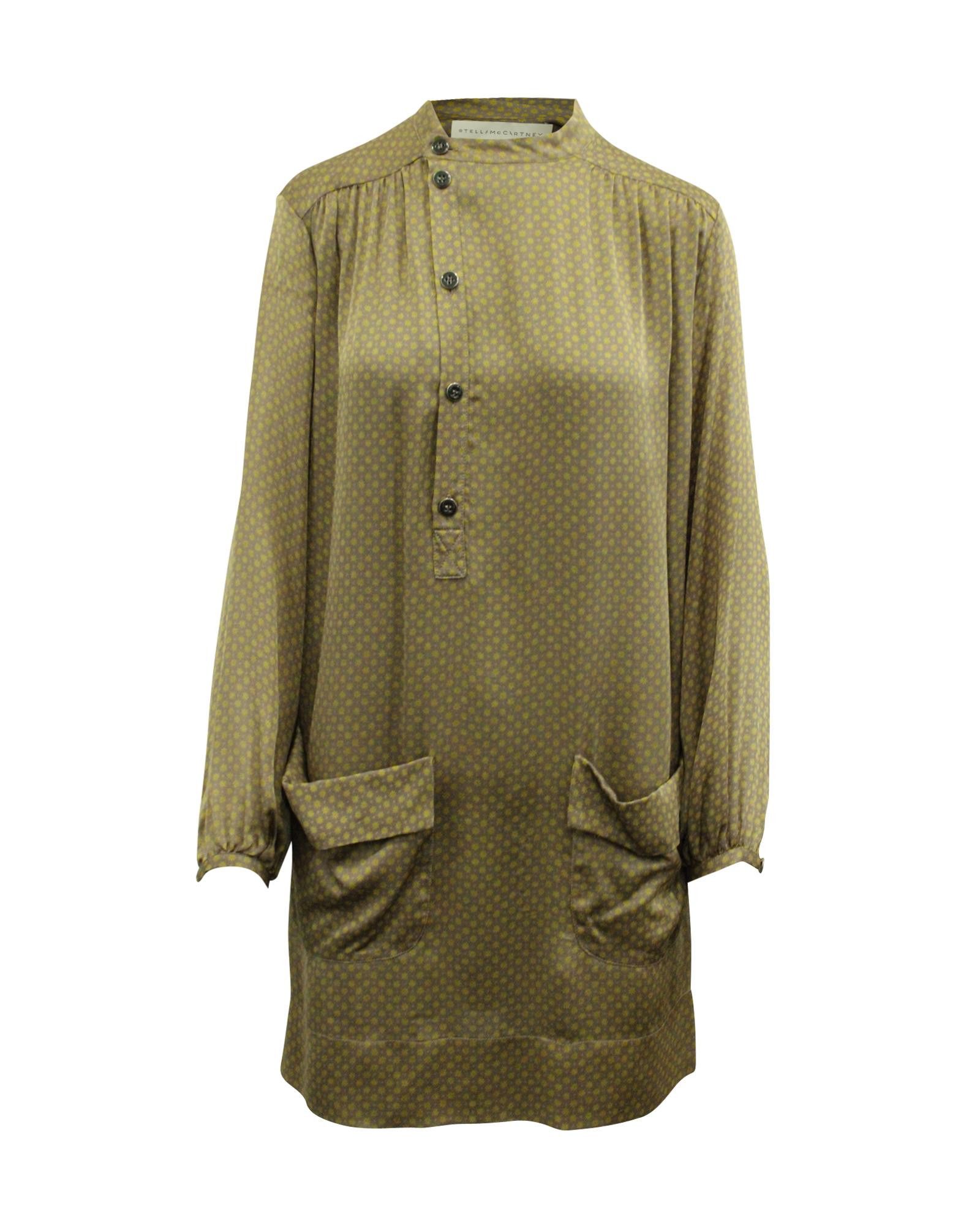 image of Stella Mccartney Floral Print Silk Dress With Long Sleeves And Front Button Design in Brown, Women'