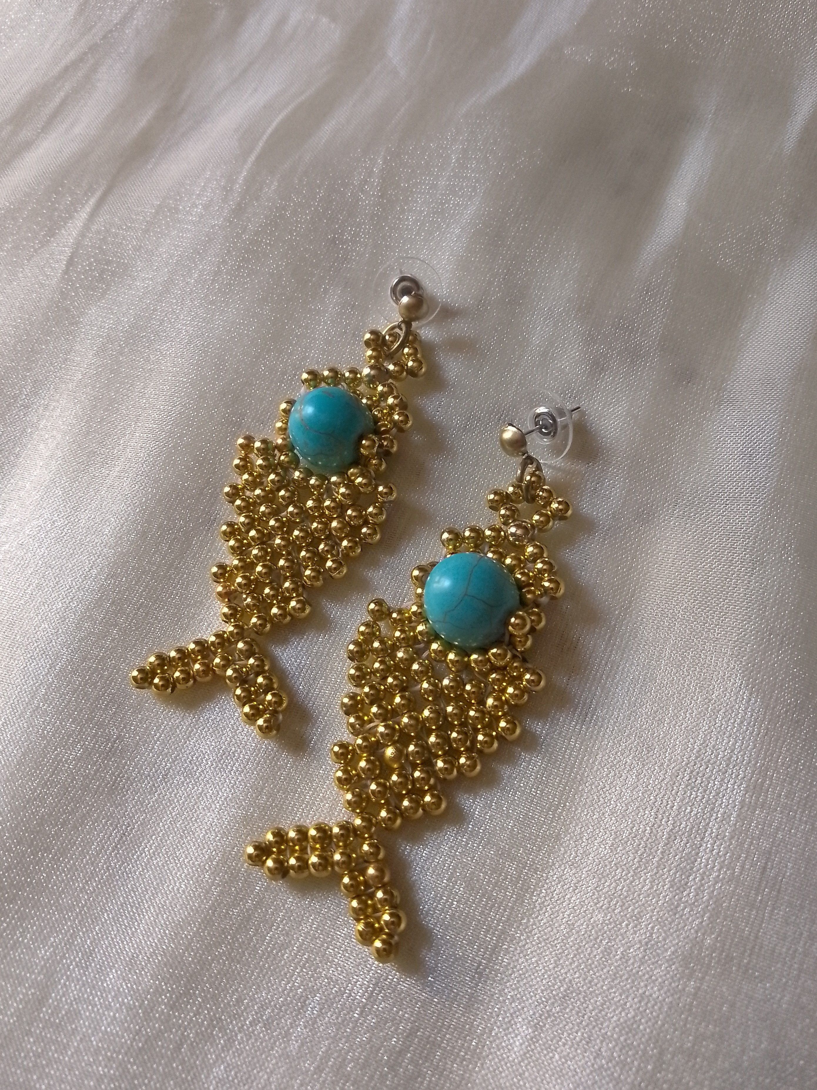 Handmade Golden Fishbone earrings natural turquoise gemstones Size ONE SIZE - 3 Thumbnail