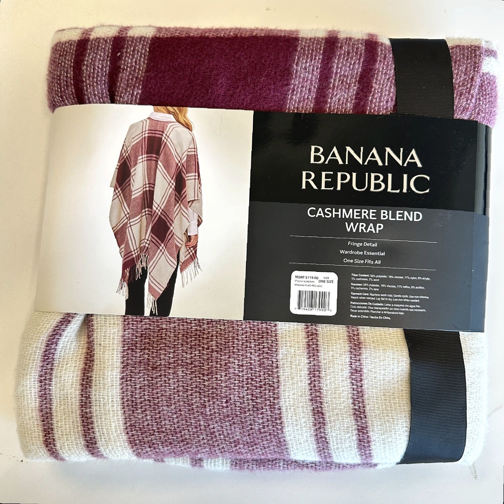 Banana Republic VINTAGE Banana Republic Womens Cashmere Blend Wrap Poncho Plaid Fringe One Size Red/White Boho Modern 90s Womens Size ONE SIZE - 7 Thumbnail