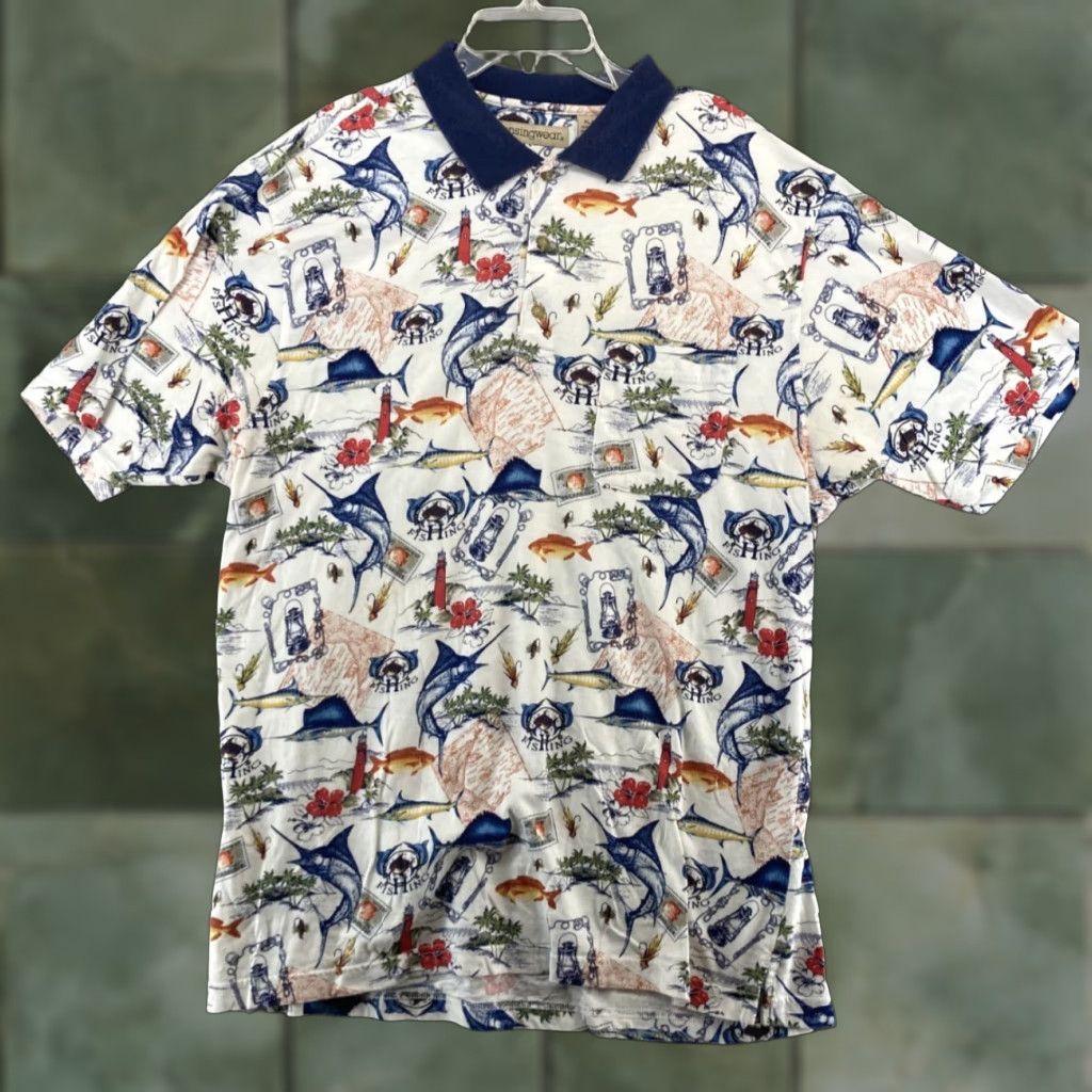 Vintage Munsingwear Polo Shirt Men XL White Casual Short Sleeve Graphic Print 90s Fish Beach Lighthouse Size US XL / EU 56 / 4 - 1 Thumbnail