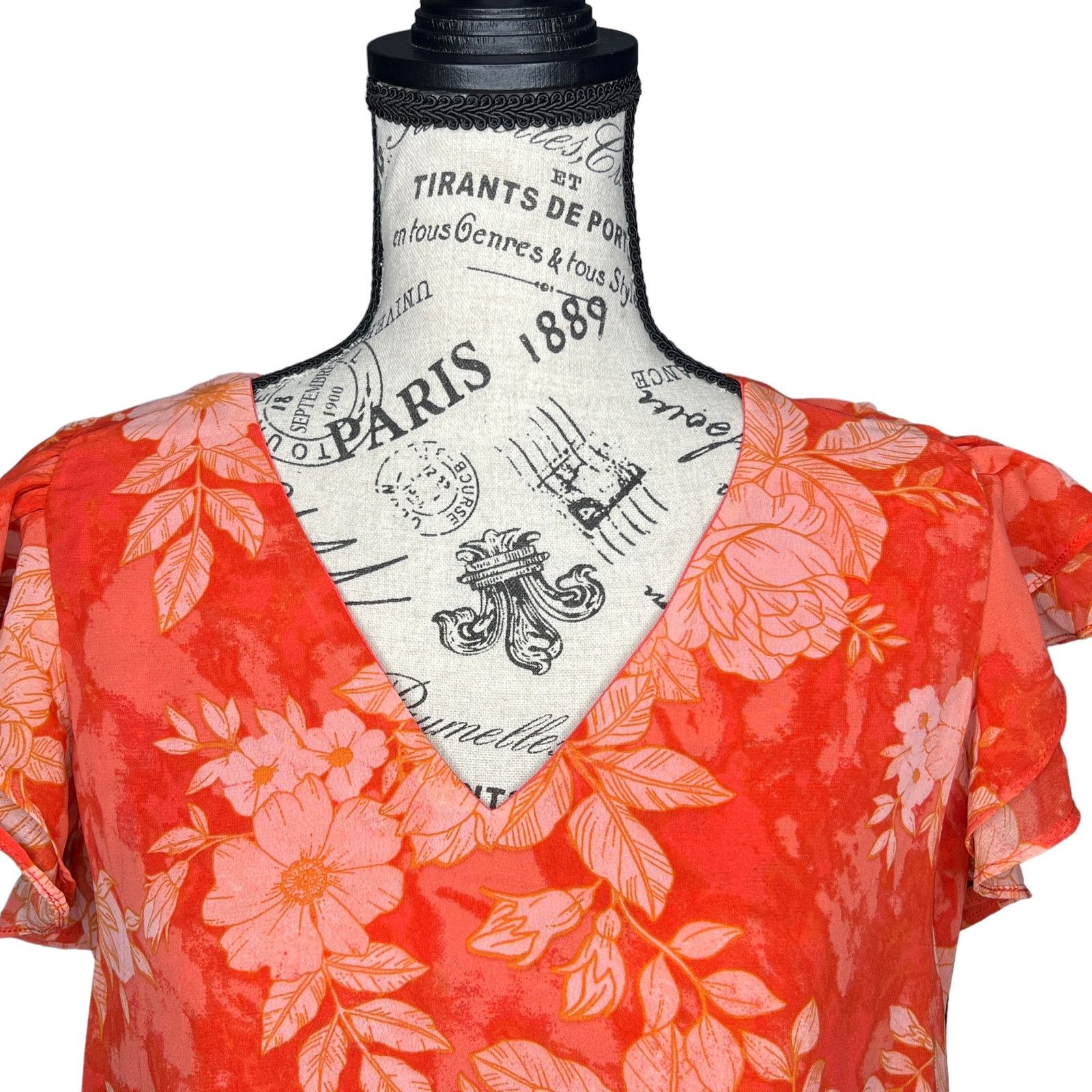Other Floral Ruffle Short Sleeve V-Neck Fully Lined Chiffon Blouse Size S / US 4 / IT 40 - 6 Thumbnail
