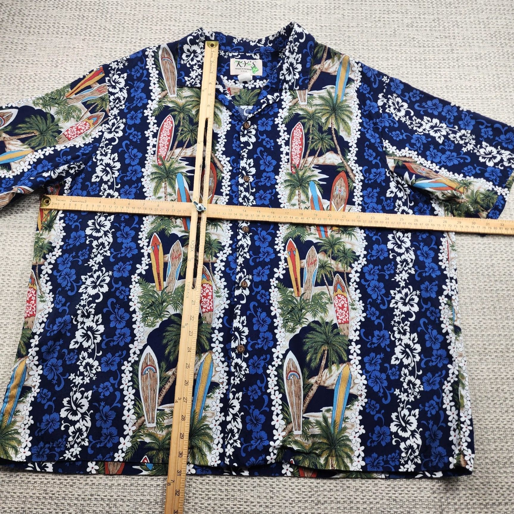 Vintage VINTAGE KY'S Hawaiian Aloha Shirt Mens 3XL Blue Surfboard Palm Hibiscus Made in Hawaii Size US XXL / EU 58 / 5 - 7 Thumbnail