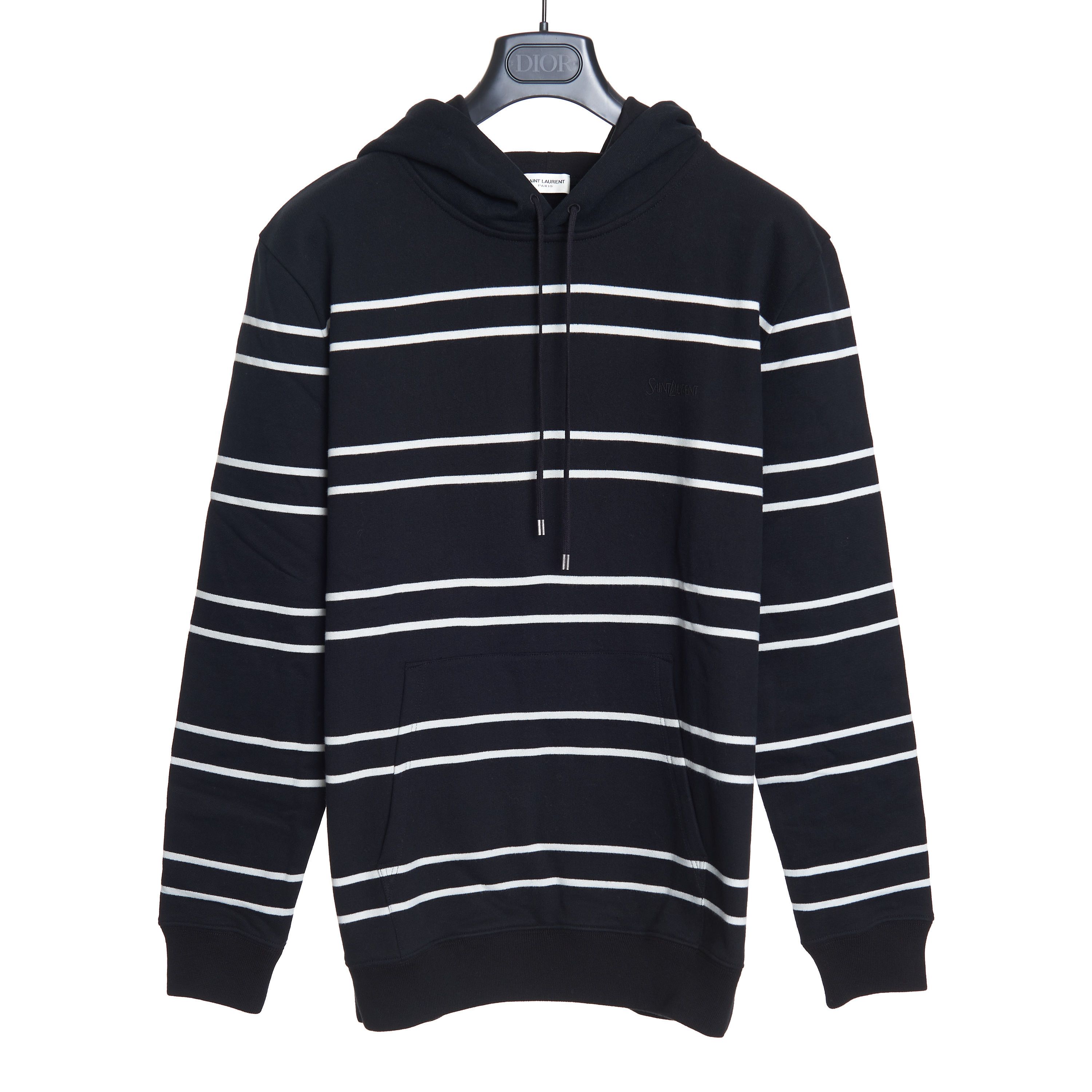 Saint Laurent Paris Hooded Sweatshirt In Striped Black Cotton & Logo Embroidey Size US M / EU 48-50 / 2 - 1 Thumbnail