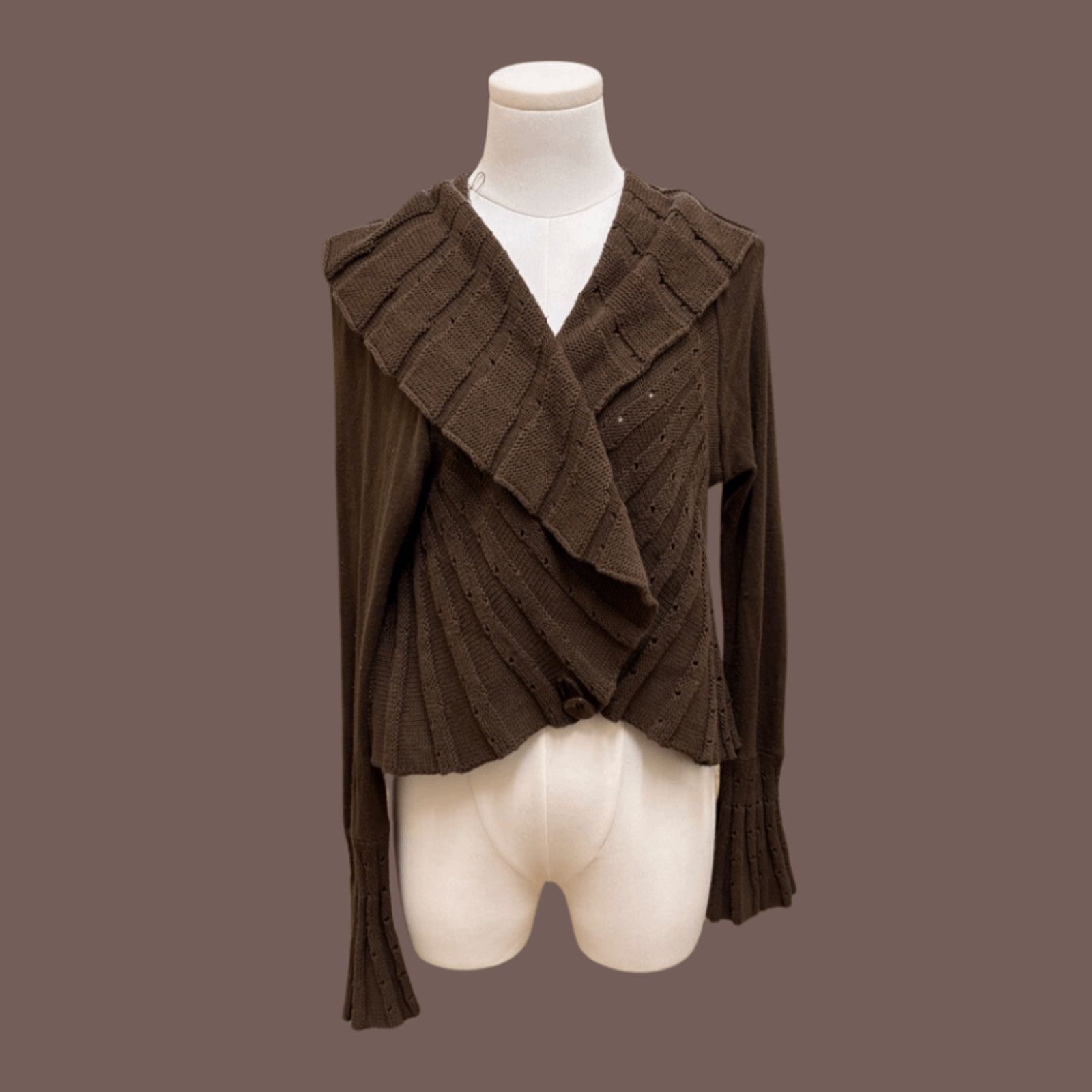 Vintage VTG Knit Cardigan | Brown Ruffle Shawl | 2000s Indie Size L / US 10 / IT 46 - 1 Thumbnail