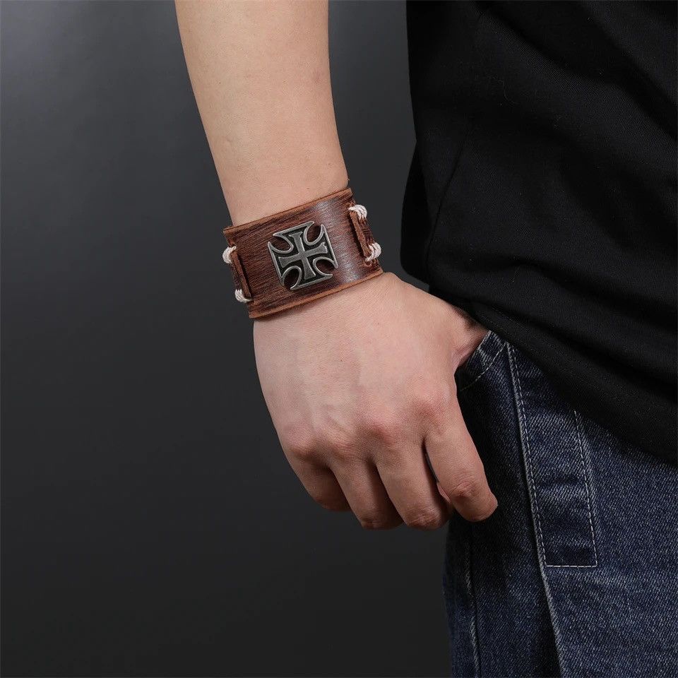 Jewelry × Vintage Weave Genuine Leather Cuff Wide Leather Cross Bracelet Size ONE SIZE - 1 Thumbnail