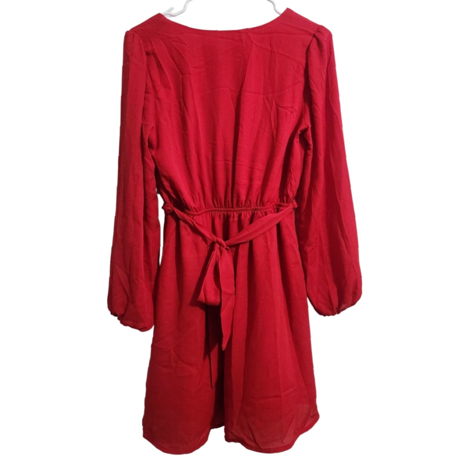 Kaileigh Womens Dress V-Neck Long Sleeve Belted Red Knee Length S Polyester