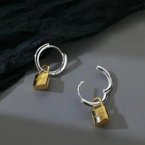 Jewelry Titanium Steel Gold Lock Dangle Drop Earrings for Men Women Size ONE SIZE - 1 Thumbnail