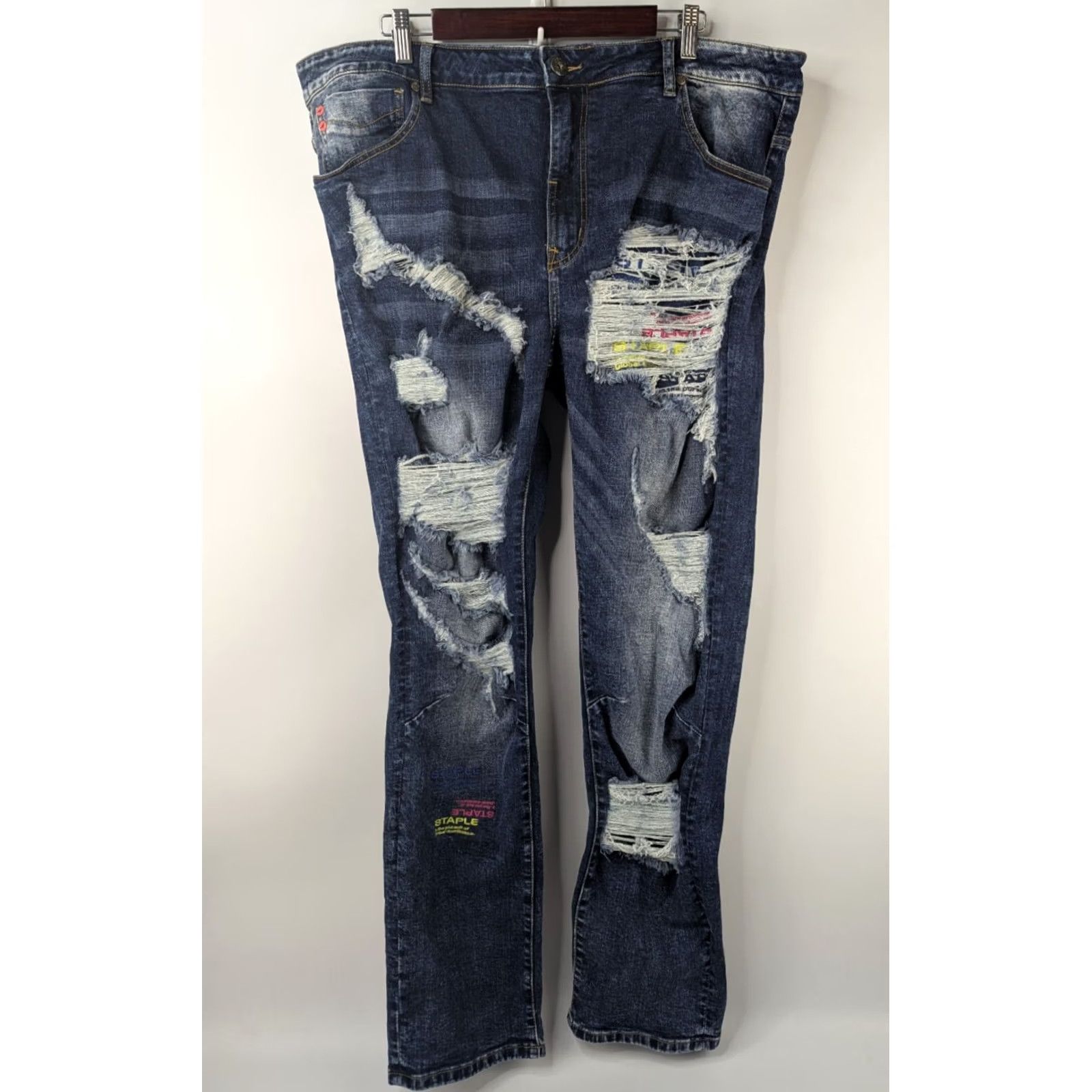 Denime Staple Pigeon Jeans Slim Denim Distressed Logo 5-Pocket Zip Cotton Elastane Men 40 Blue Regular Inseam 32 Boy Size US 40 / EU 56 - 2 Thumbnail