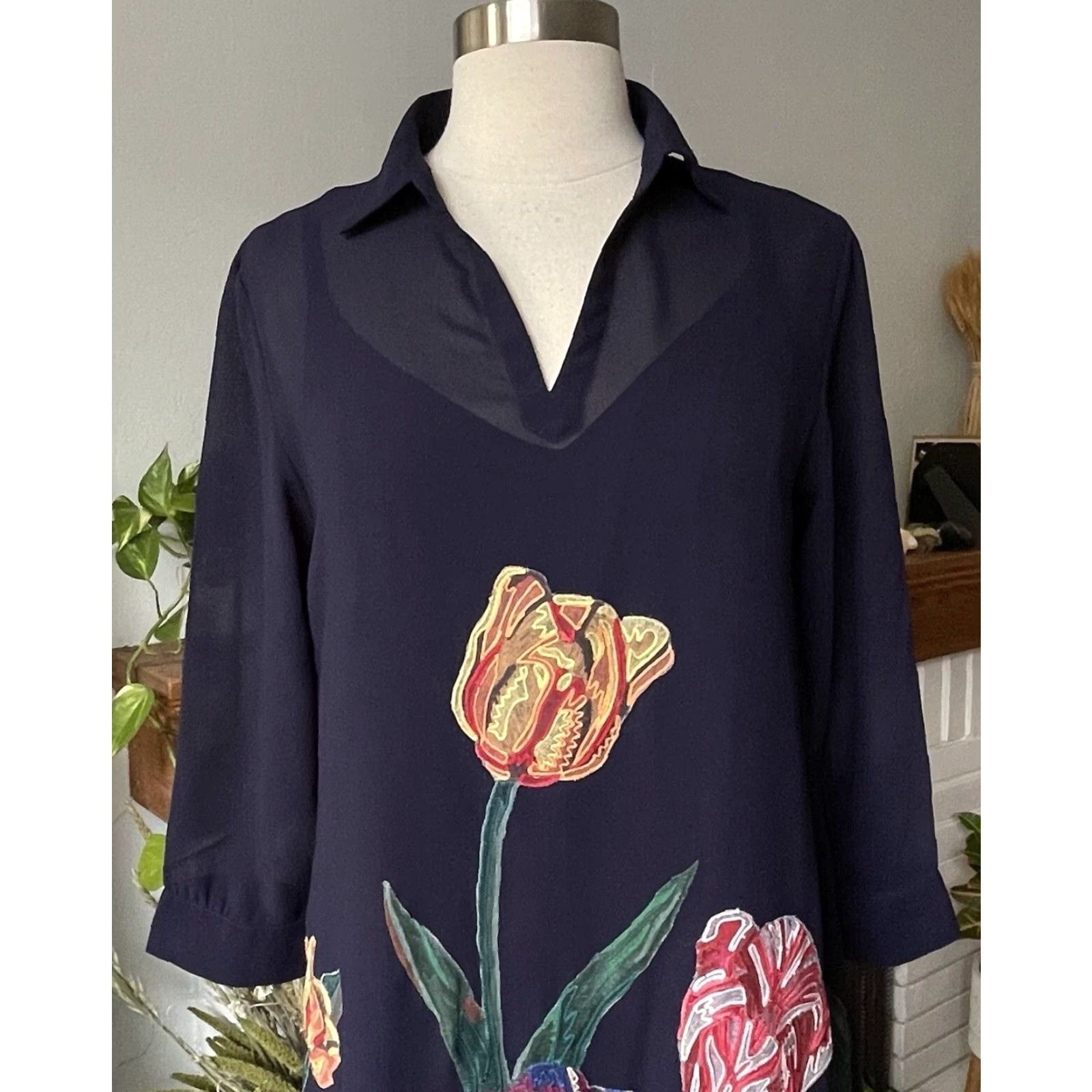 Anthropologie Anthropologie Pankaj & Nidhi Navy Blue Floral Embroidered Shift Dress Midi Sz SP Women Size S / US 4 / IT 40 - 3 Thumbnail