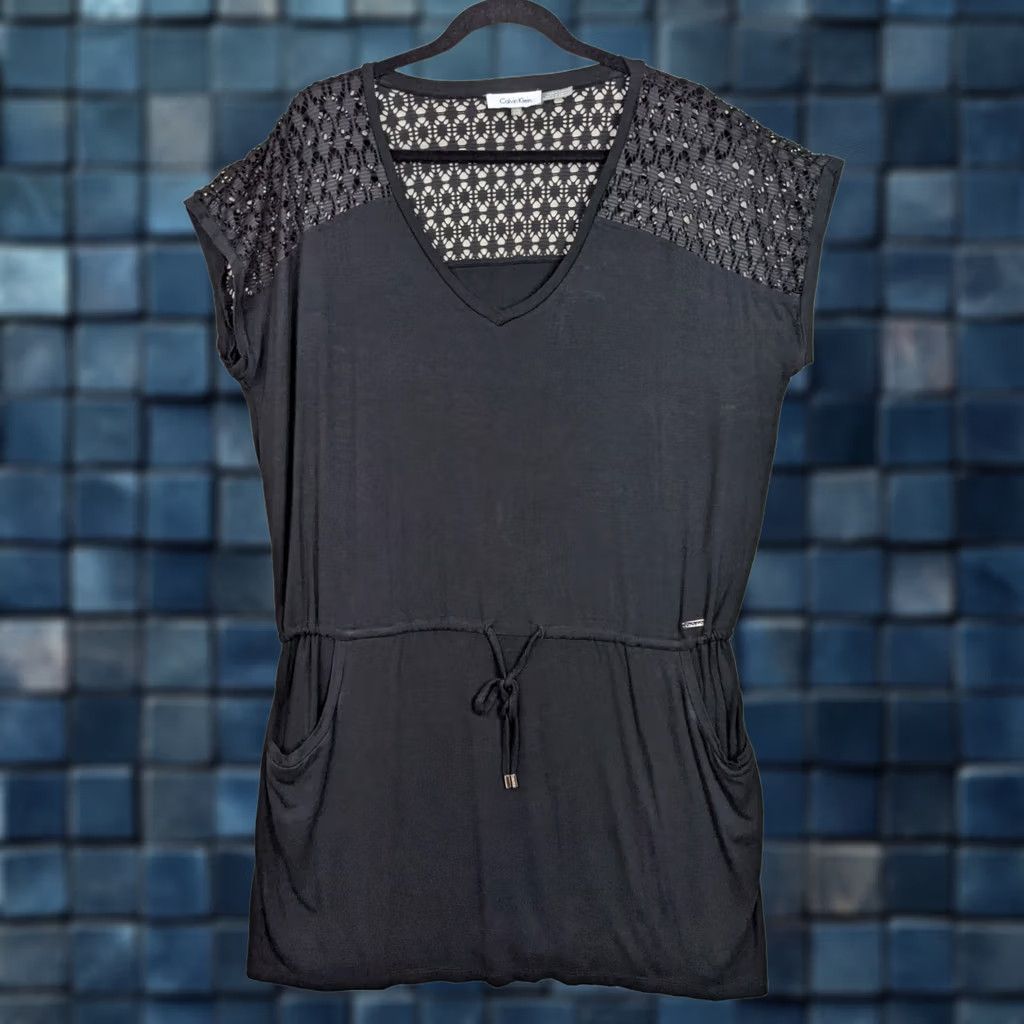 Calvin Klein Calvin Klein Women's Black crochet shoulder drawstrings waist mini dress L Size L / US 10 / IT 46 - 1 Thumbnail
