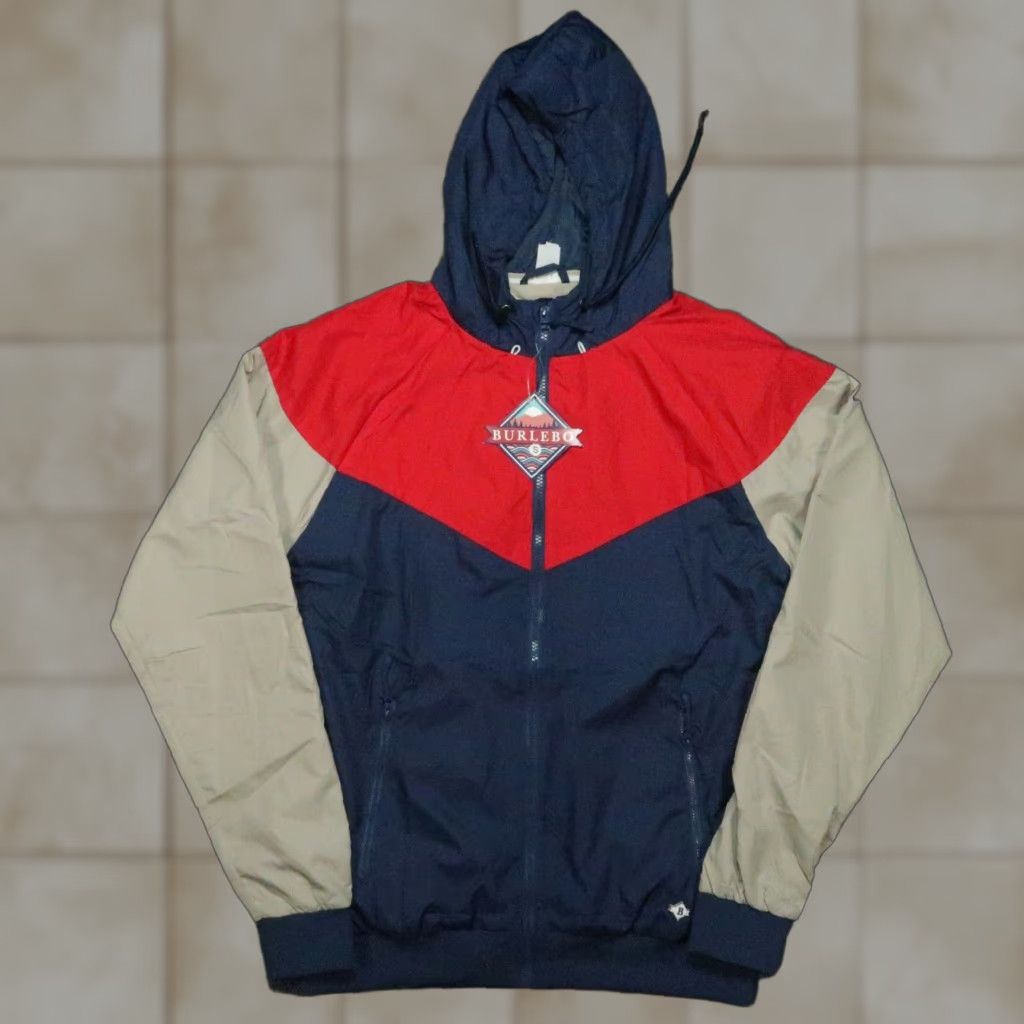 Burlebo Jacket Mens Small Blue Red Full Zip Hooded Windbreaker Ripstop NWT
