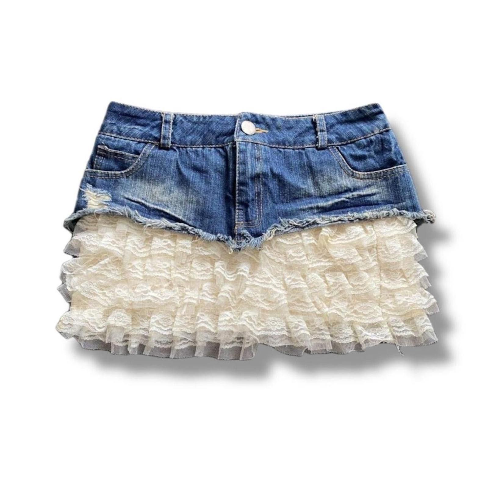 Other Y2K whimsy goth white ruffle denim and lace mini skirt Size 26" / US 2 / IT 38 - 1 Thumbnail