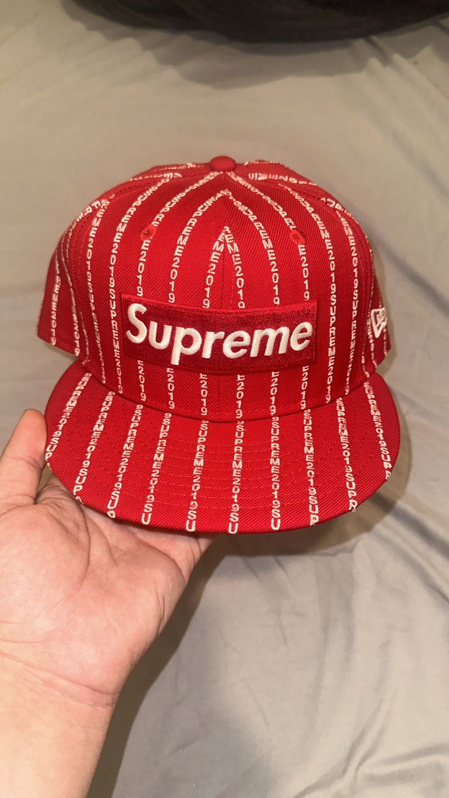 New Era × Supreme Supreme text stripe New Era Hat | Grailed