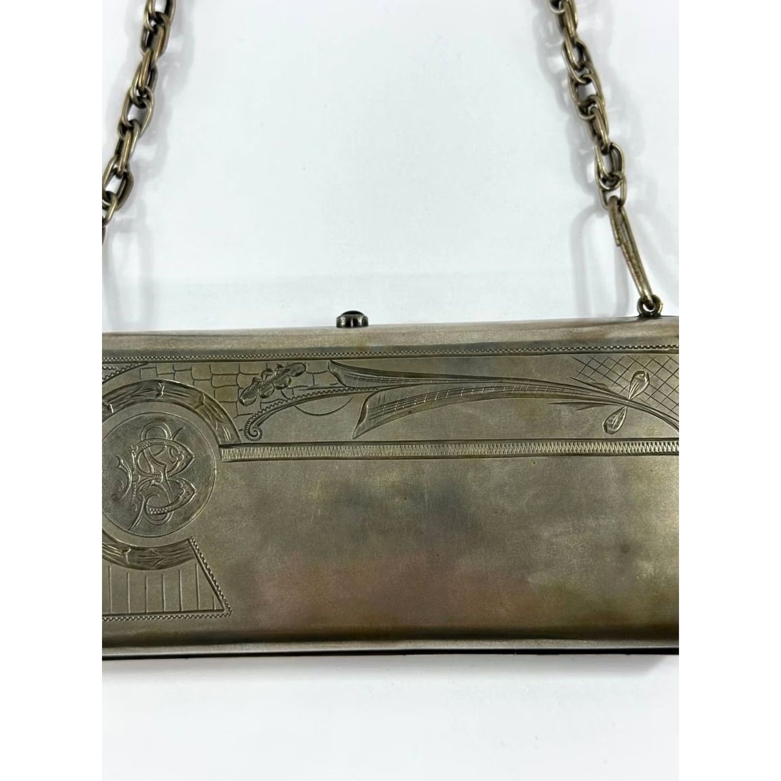 Vintage VINTAGE Antique 800 Silver Art Deco Evening Clutch Purse Etched Floral Design Chain Monogram 375g Silver Purse Womens Size ONE SIZE - 3 Thumbnail