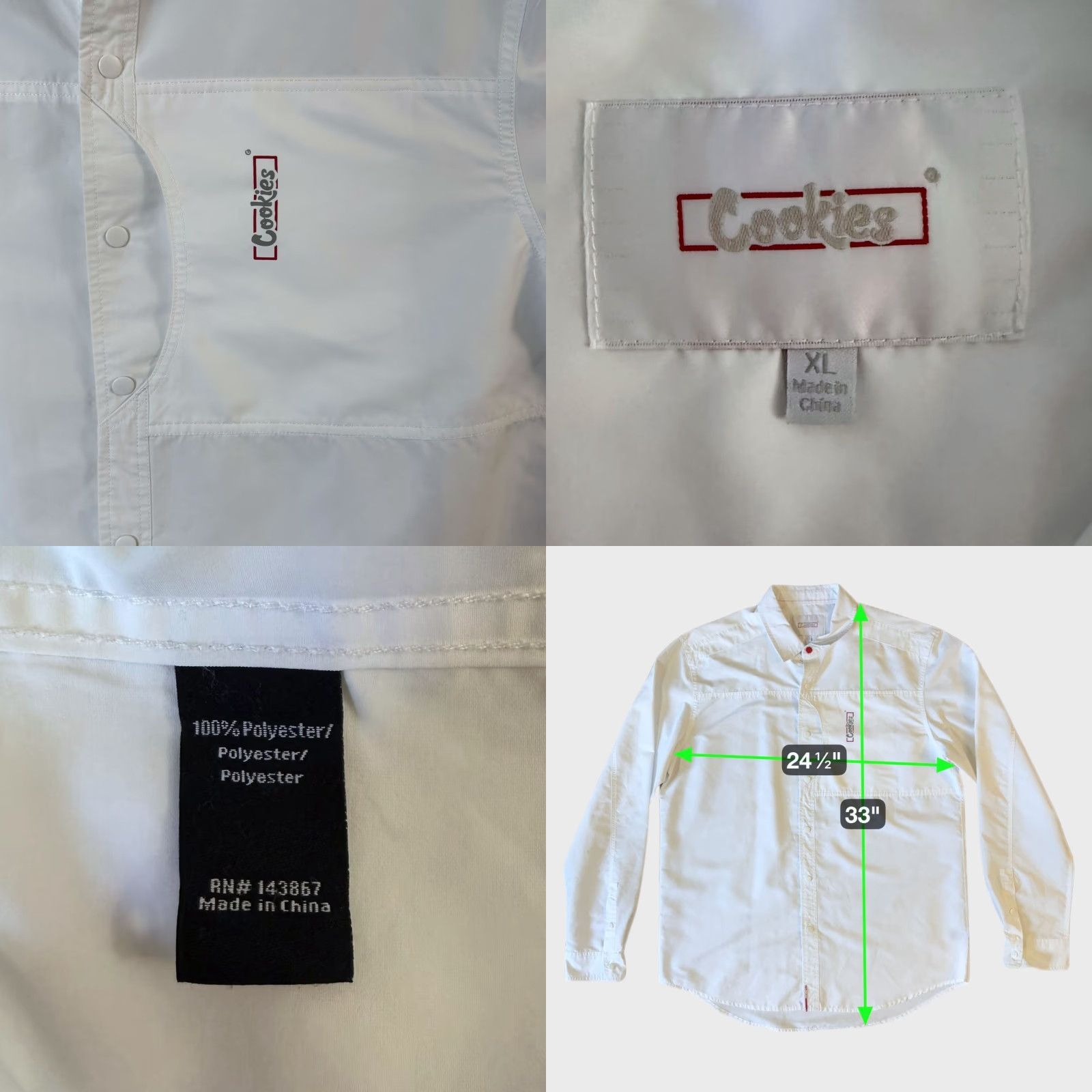 Vintage Cookies Snap Button-Up Long-Sleeve Shirt White Men's XL 420 Stash Pocket Size US XL / EU 56 / 4 - 8 Thumbnail