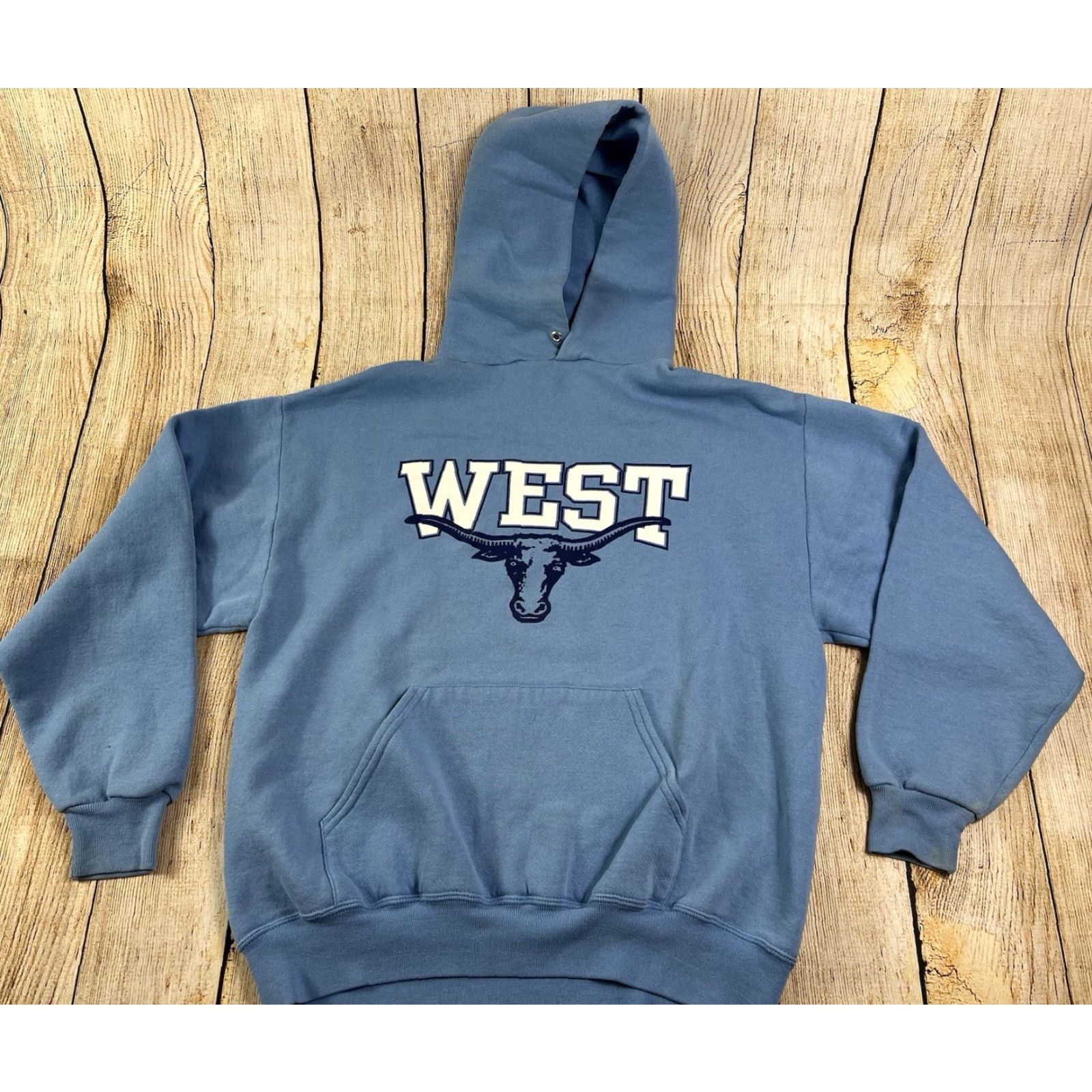 Jerzees VINTAGE Jerzees West Longhorns Blue Hoodie Sweatshirt L Men's, 90s College University, Hooded Pockets Fleece, Pullover Size US L / EU 52-54 / 3 - 2 Thumbnail