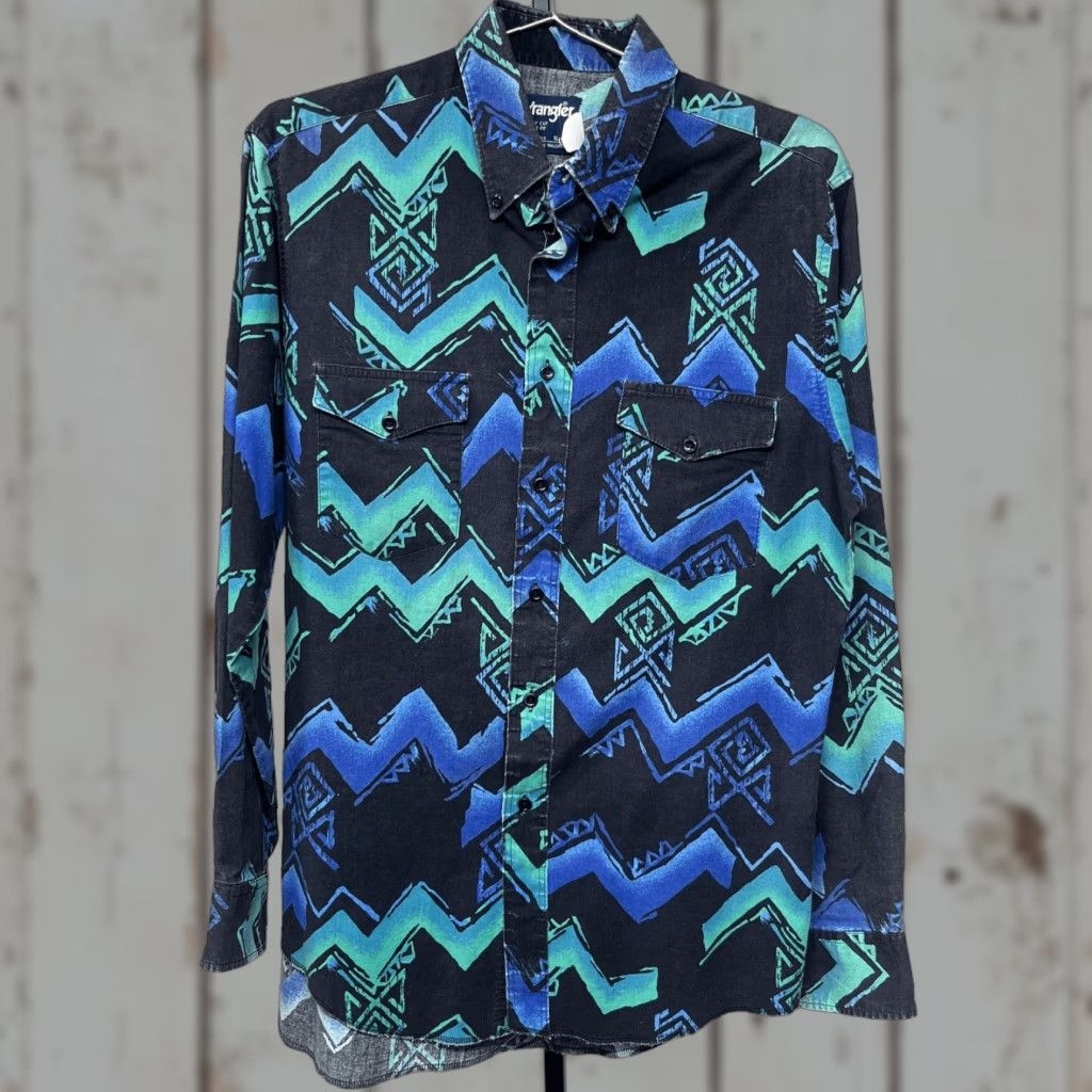 VINTAGE Wrangler Aztec Cowboy Cut Western Button-Down Shirt 16-35 XLong 80s 90s