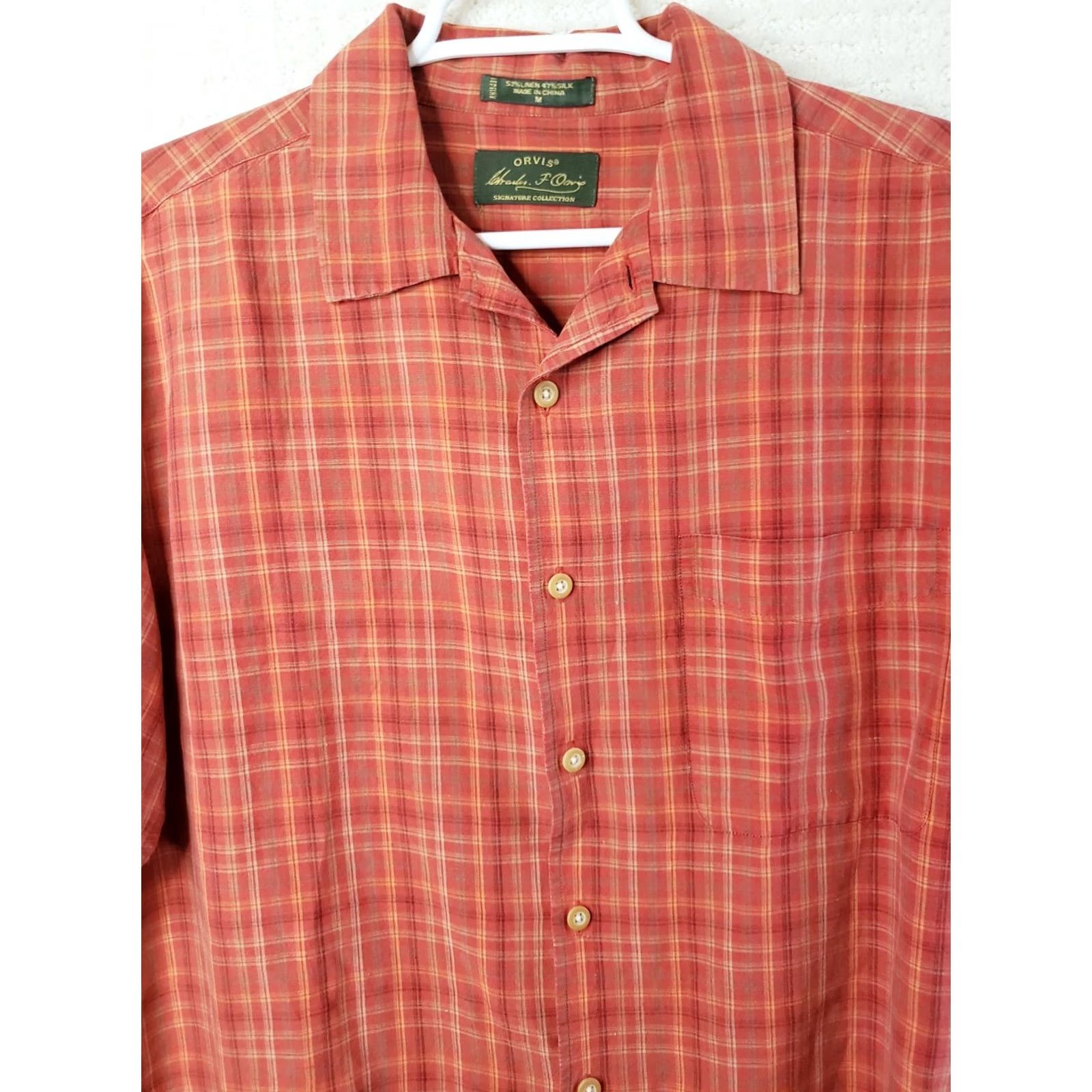 Orvis Orvis Signature Collection Shirt M Orange Plaid Silk Linen Button-Down Short Sleeve Mens Size US M / EU 48-50 / 2 - 4 Thumbnail