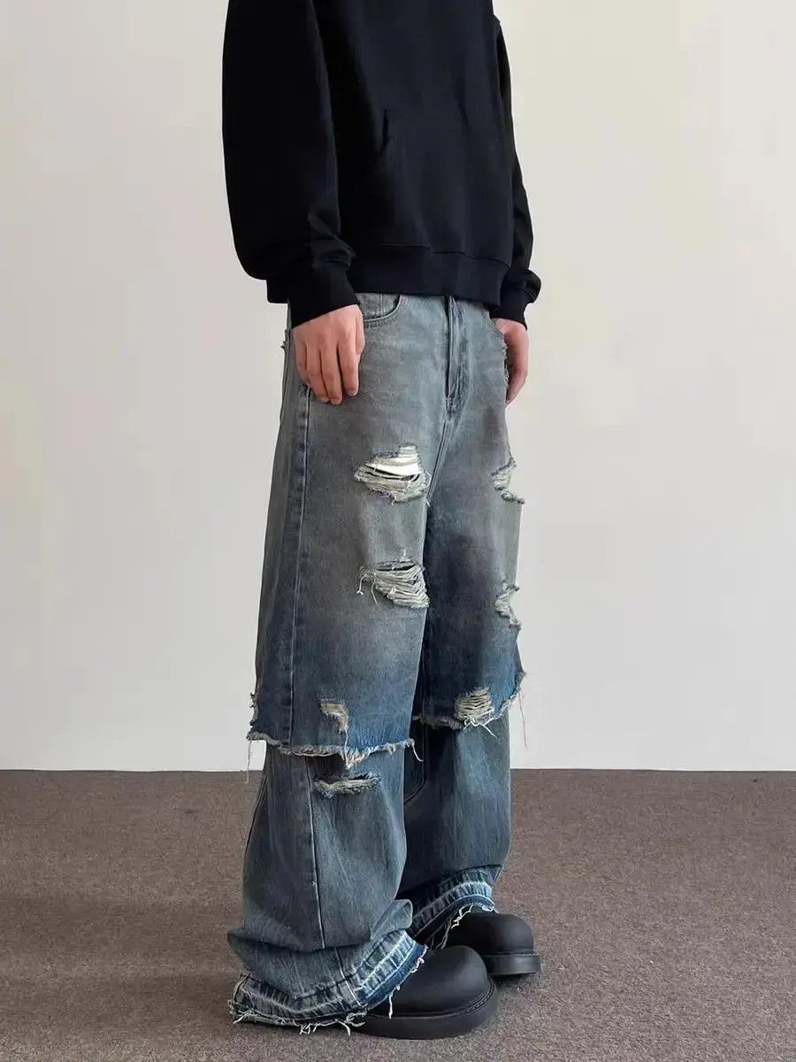 Japanese Brand High Street Hip Hop Fake Two Piece Layered Aged Jeans Size US 32 / EU 48 - 2 Thumbnail