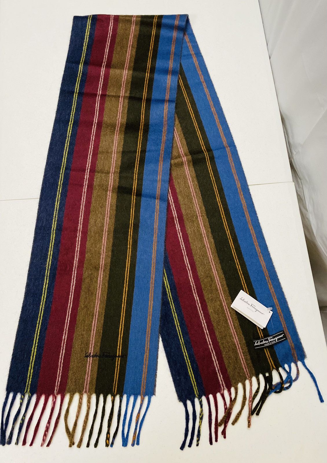 Salvatore Ferragamo Ferragamo Multi-Color Stripe Cashmere Fringe Scarf Unisex NW Size ONE SIZE - 8 Thumbnail