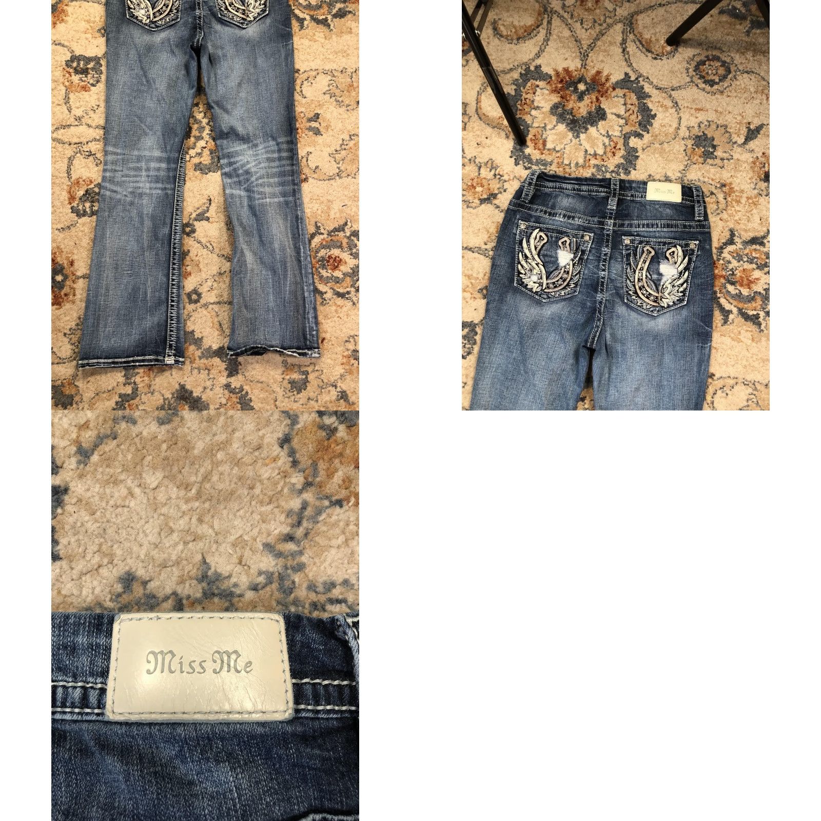 Miss Me Miss Me Jeans Womens 29 Blue Bootcut Horseshoe Embroidered Rhinestone Pockets Jeans Size 29" - 9 Thumbnail