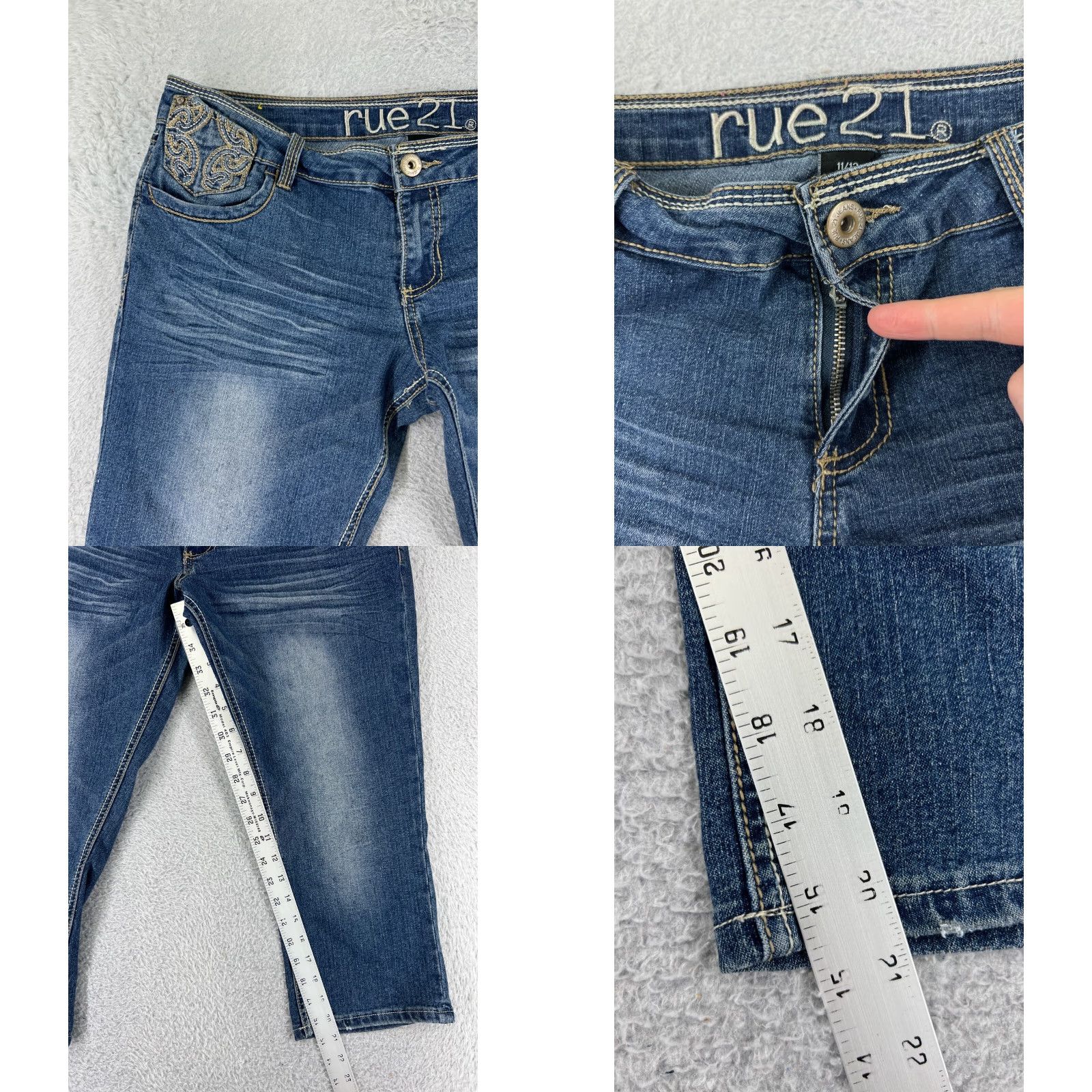 Vintage Rue21 Women's Capri Jeans Size 11 Blue Denim Embroidered Studded Cotton Blend Size 32" / US 10 / IT 46 - 8 Thumbnail