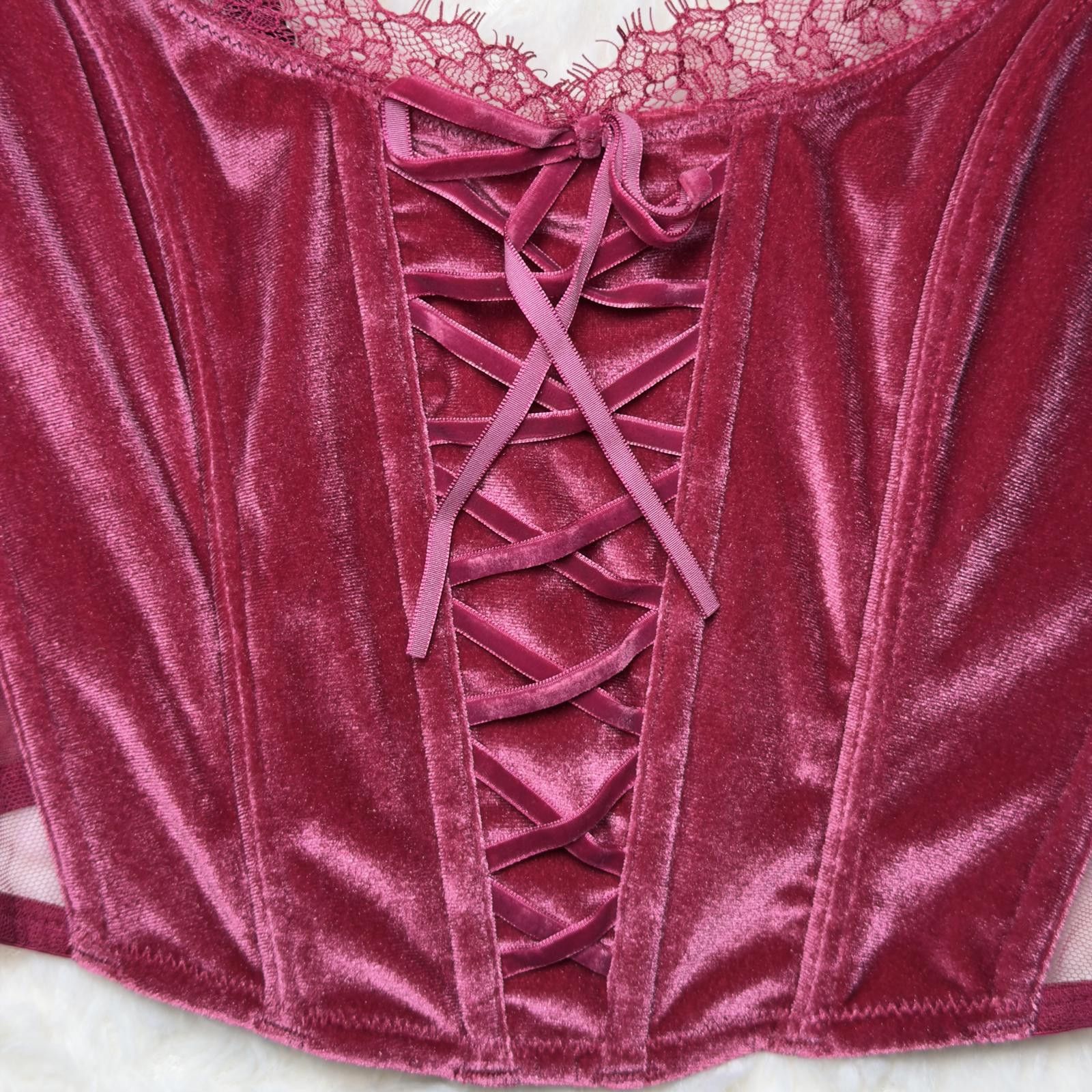 Other NWT Victoria's Secret Dark Pink Velvet Lace-Up Corset Top Size M / US 6-8 / IT 42-44 - 6 Thumbnail