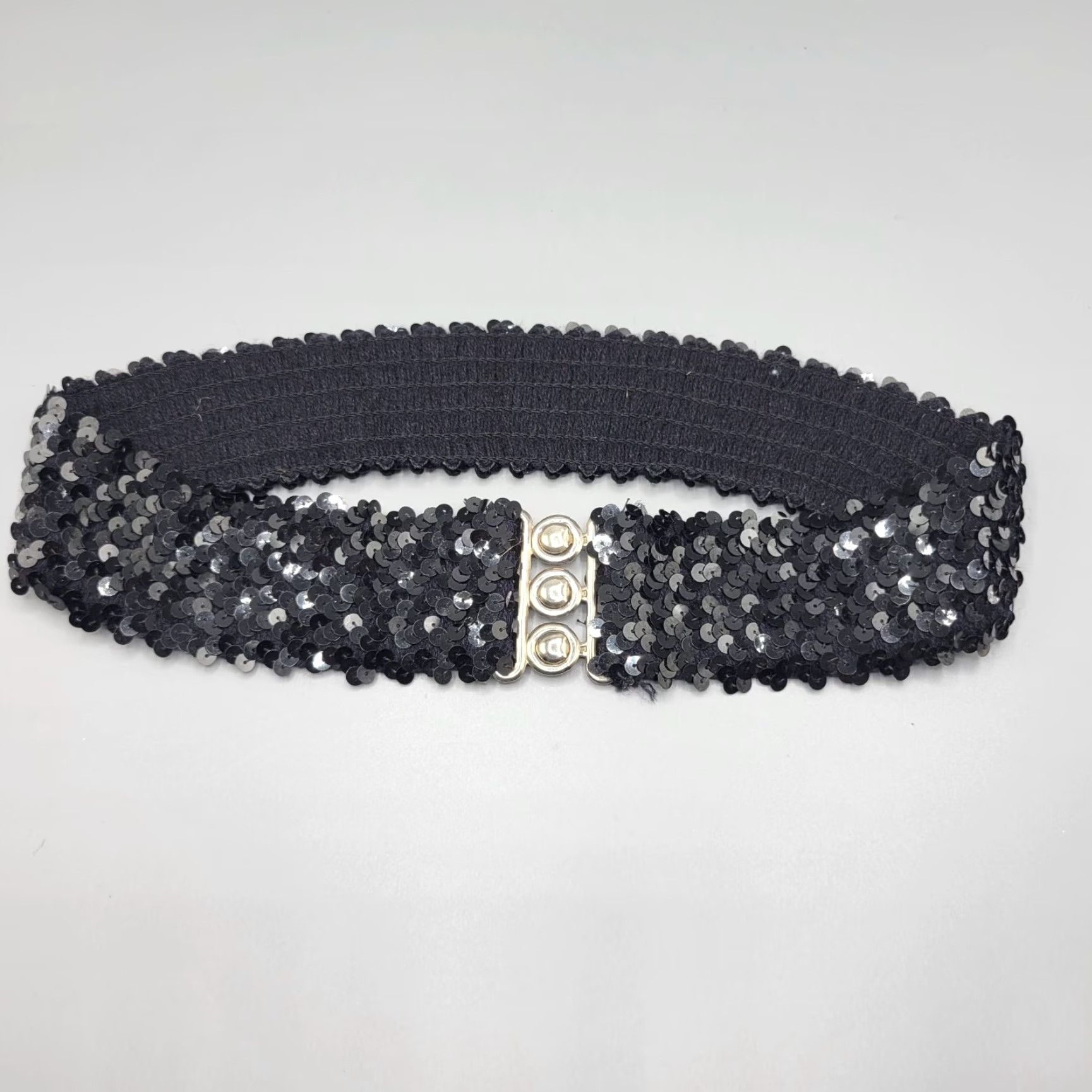 Vintage VINTAGE Black Sequin Elastic Stretch Belt Metal Clasp Closure Clubwear Women One Size Black Sequin Belt Womens Size ONE SIZE - 2 Thumbnail