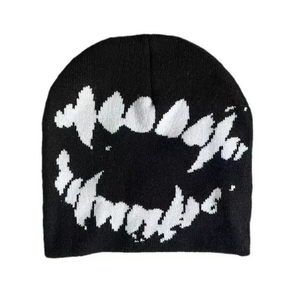 Japanese Brand Vampire Dracula Teeth Pattern Beanie Hat y2k Black Size ONE SIZE - 1 Thumbnail