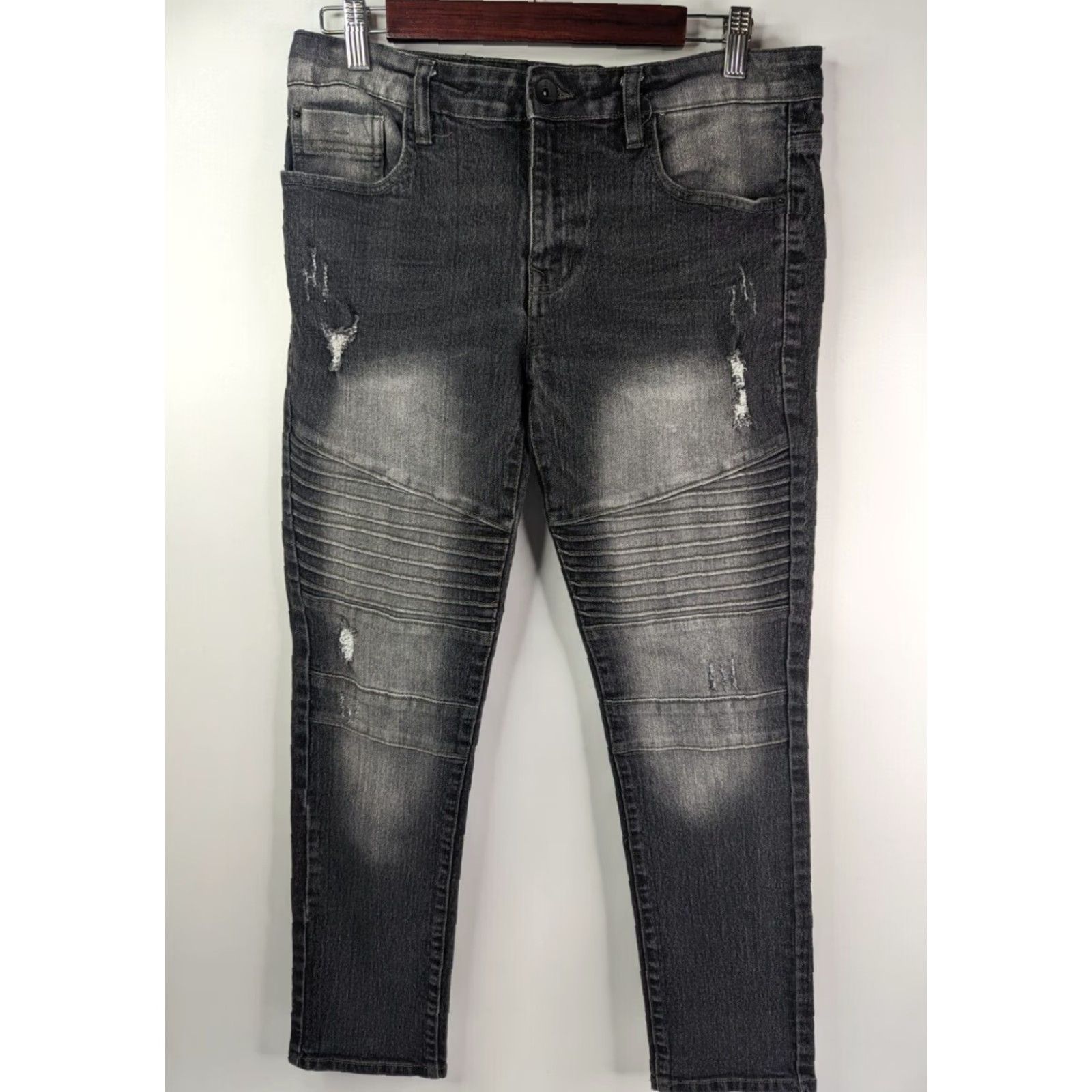 Southpole Southpole Jeans Mens 32x30 Skinny Black Stretch Distressed Paneled Moto Stacked Jeans Size US 32 / EU 48 - 2 Thumbnail