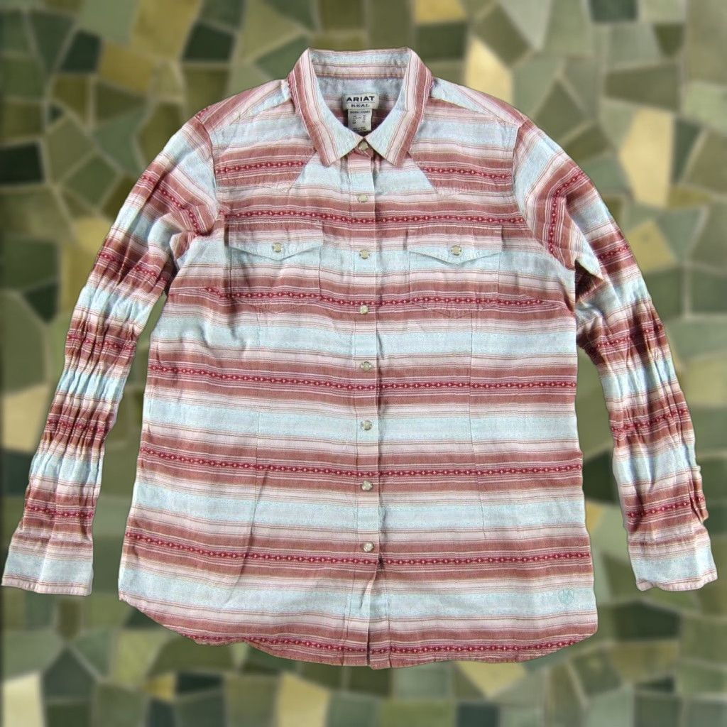 Ariat Ariat Real 100% Cotton Pink Blue Snap Button Long Sleeve Western Blouse XL Size XL / US 12-14 / IT 48-50 - 1 Thumbnail